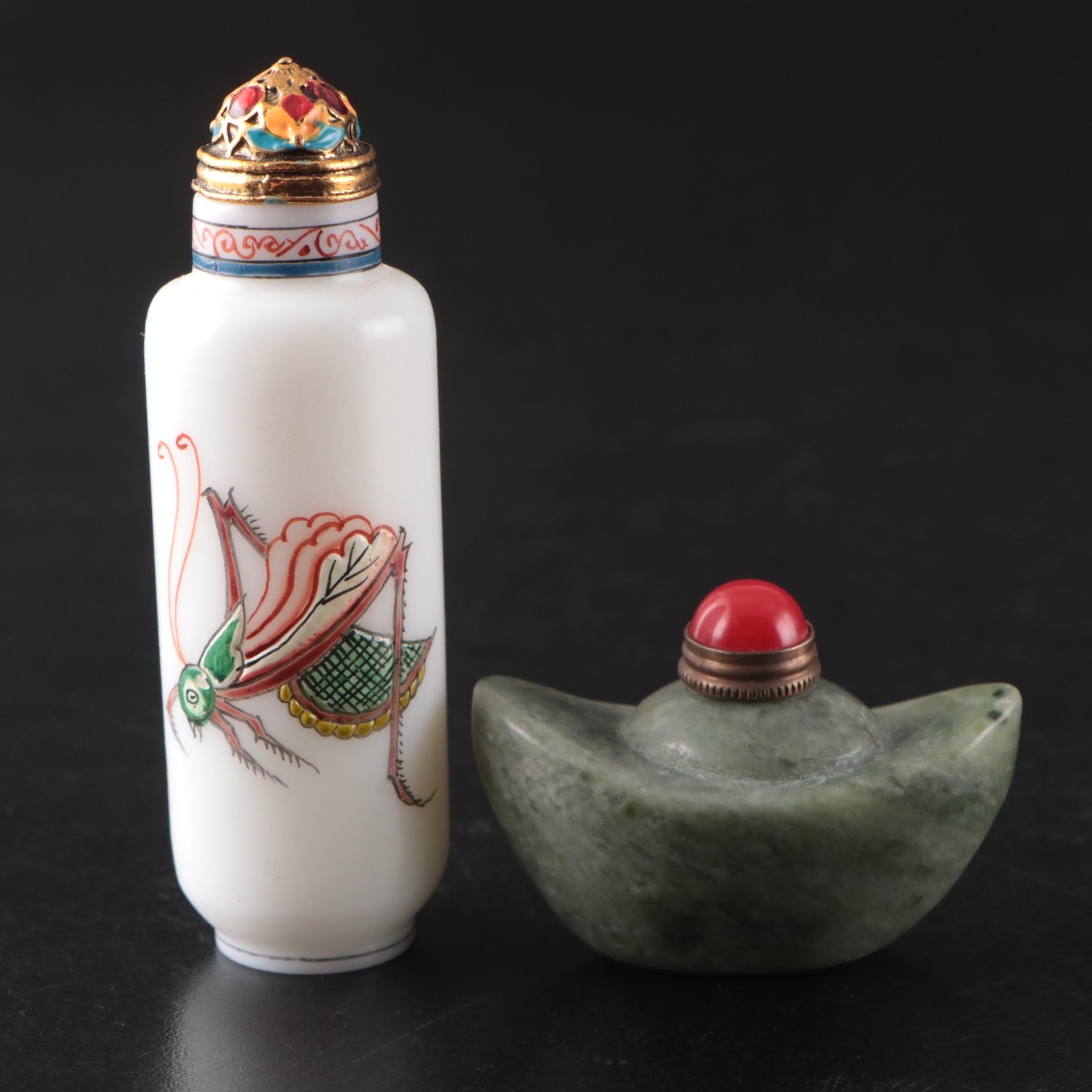 Chinese Cricket Motif Milk Glass Snuff Bottle with Serpentine Snuff Bottle