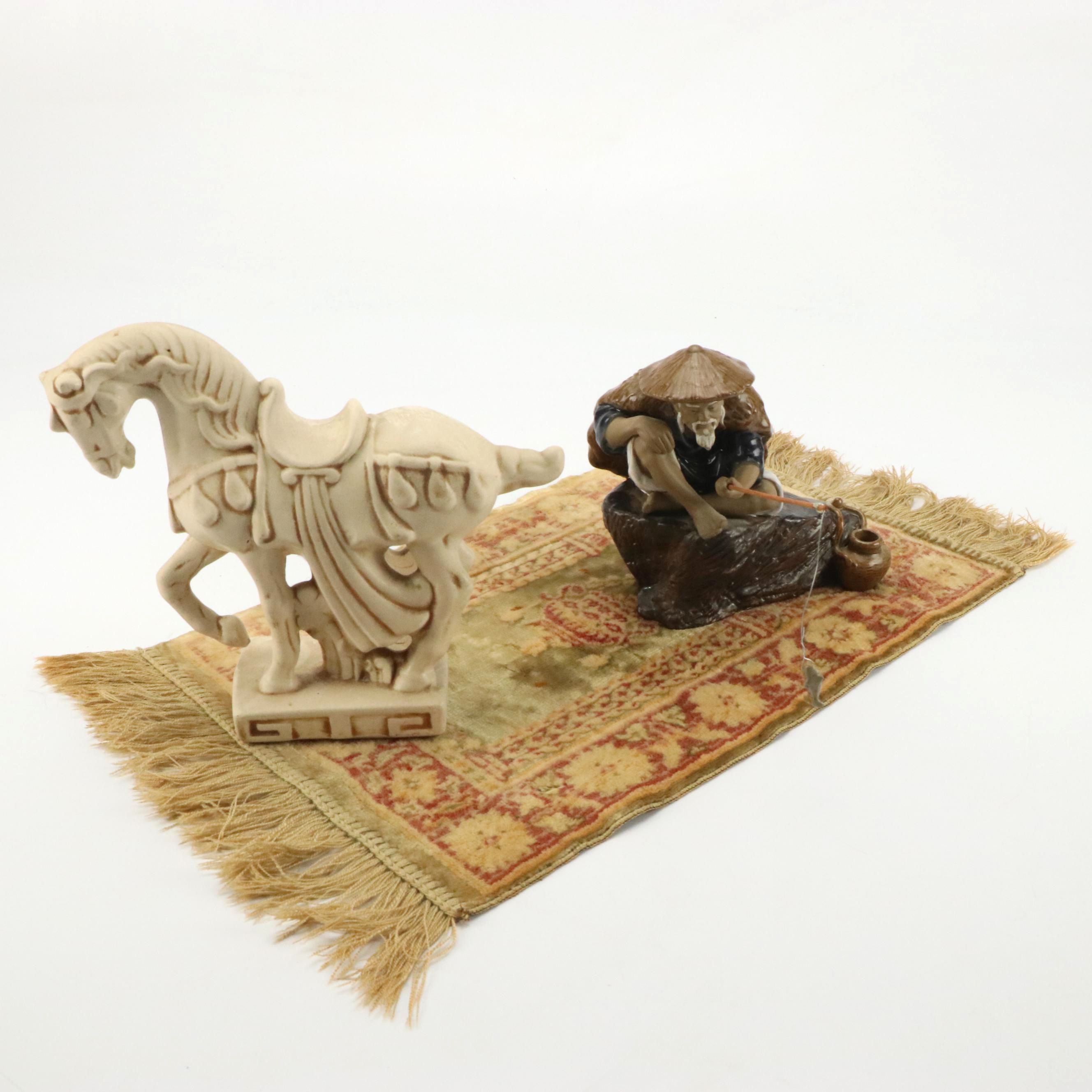 Chinese Shiwan Ware Fisherman with Tang Style Horse and Miniature Rug