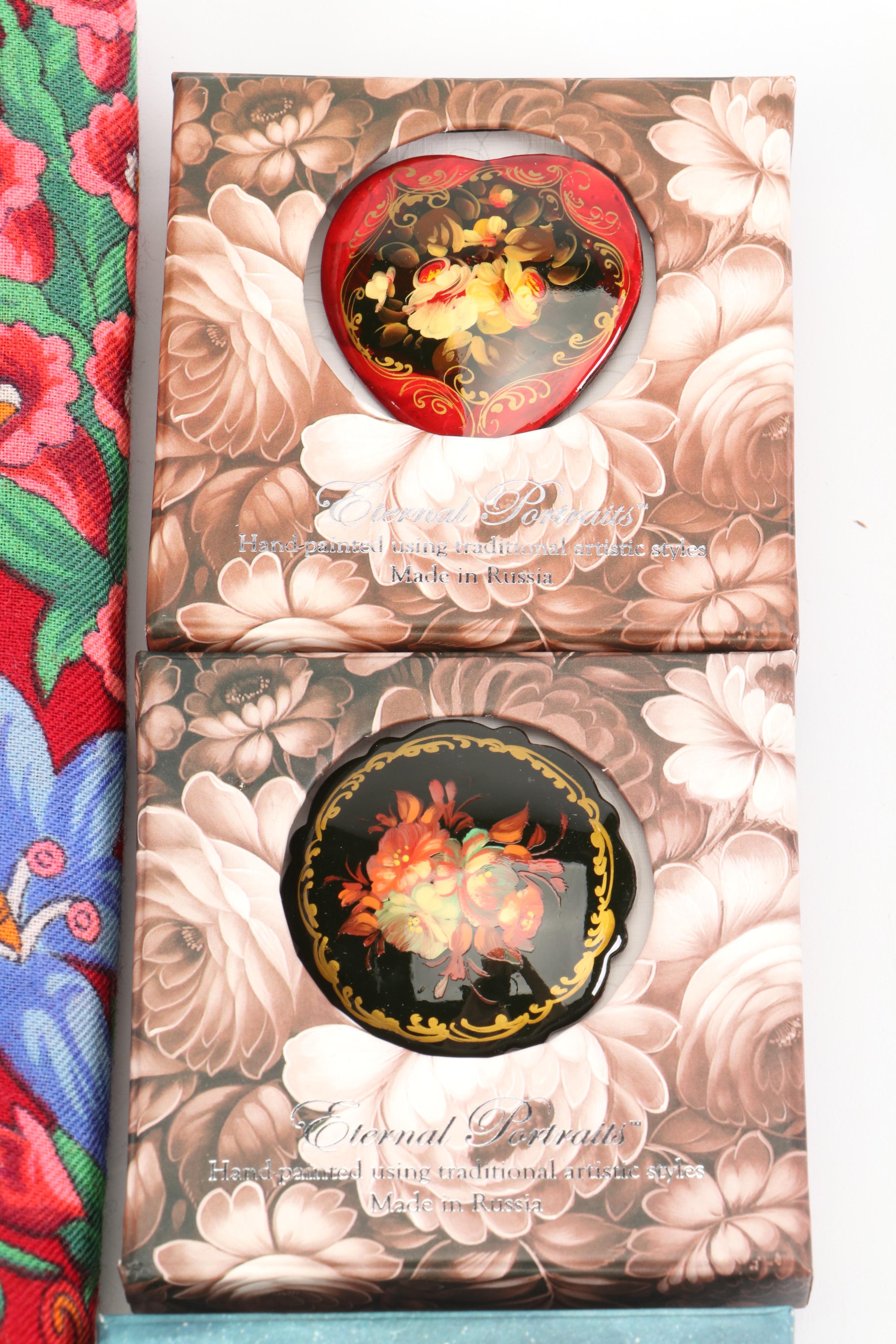 Russian G. DeBrekht Lacquerware Brooches with Machine Woven Printed Wool Shawl