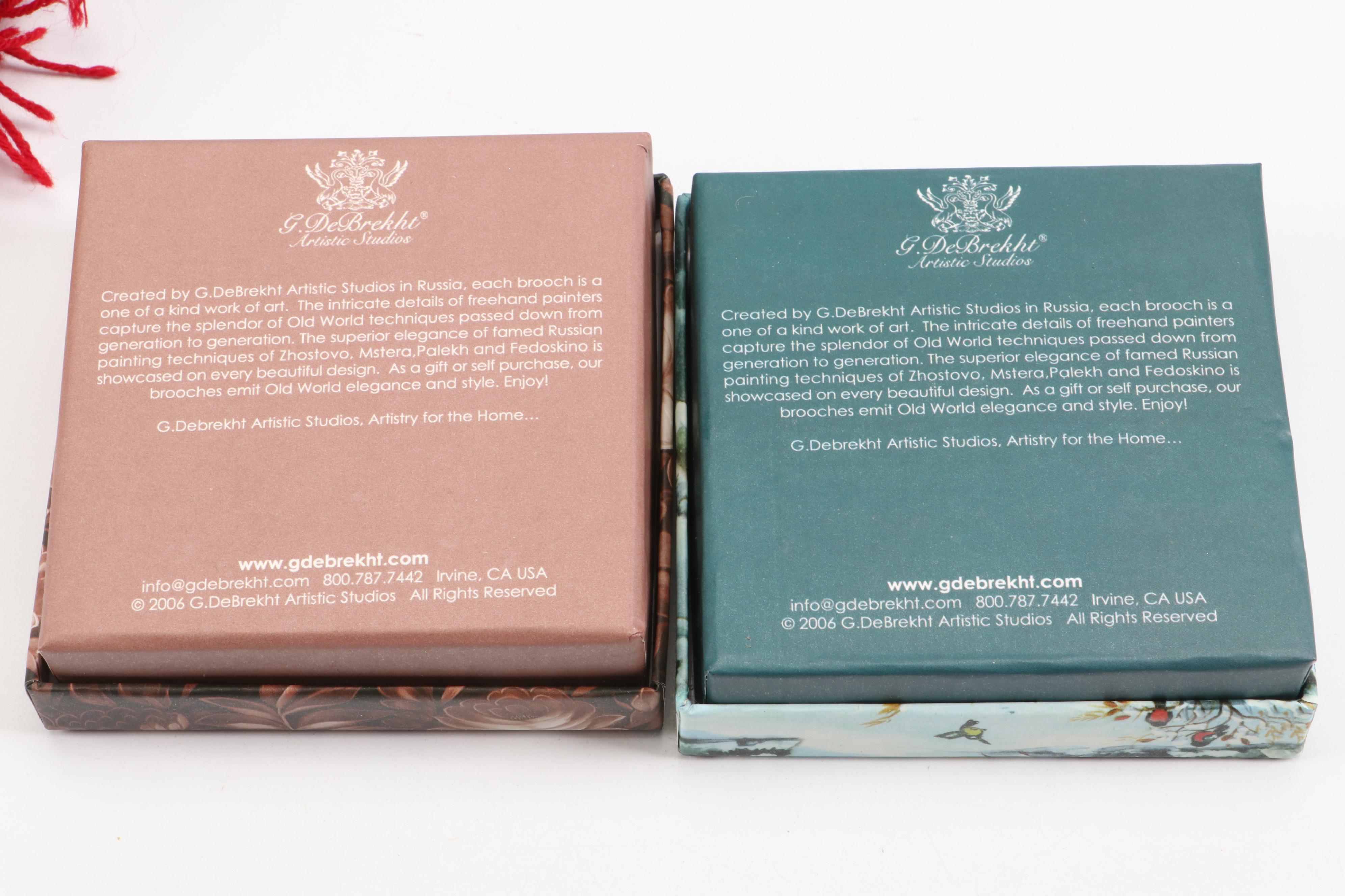 Russian G. DeBrekht Lacquerware Brooches with Machine Woven Printed Wool Shawl