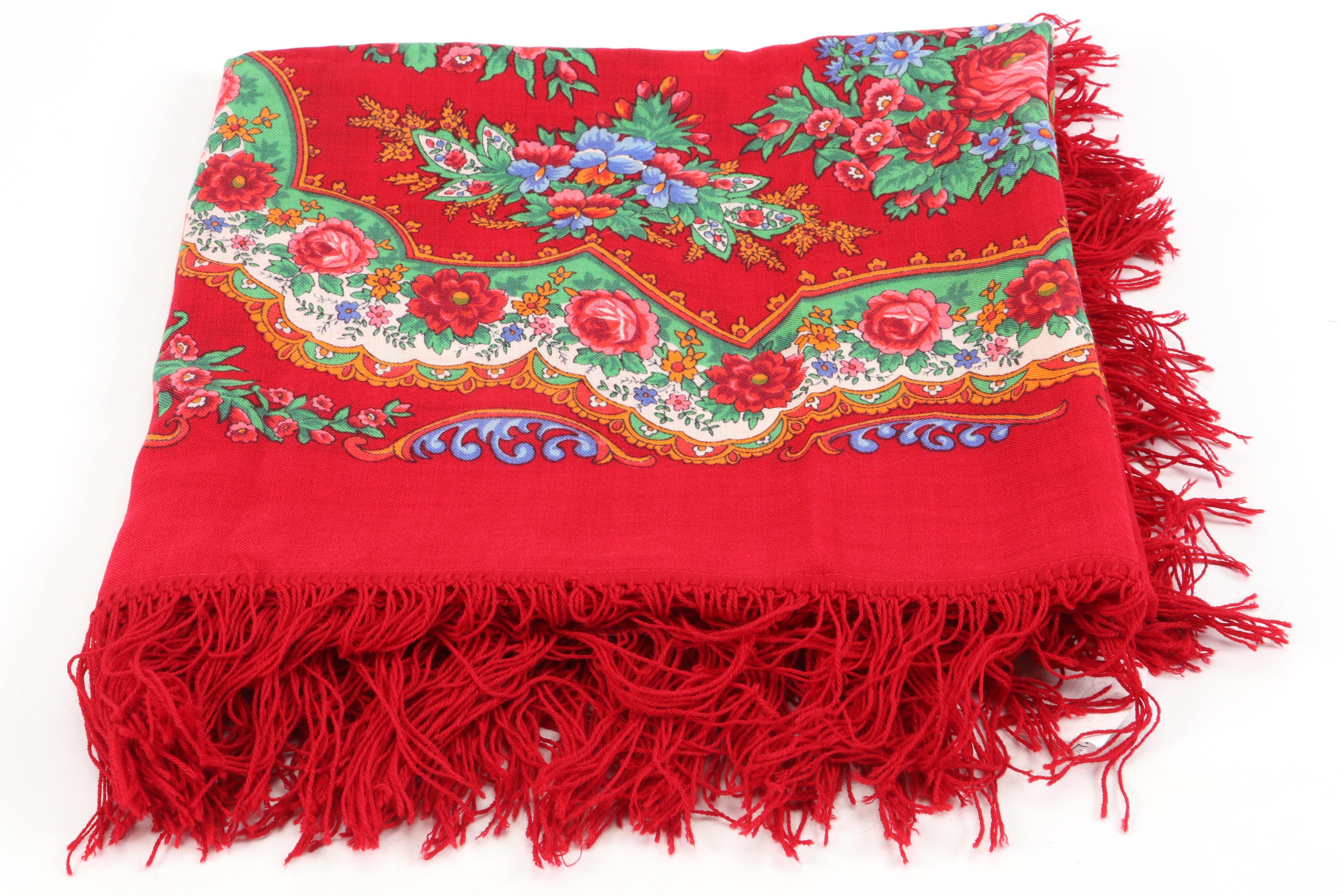 Russian G. DeBrekht Lacquerware Brooches with Machine Woven Printed Wool Shawl