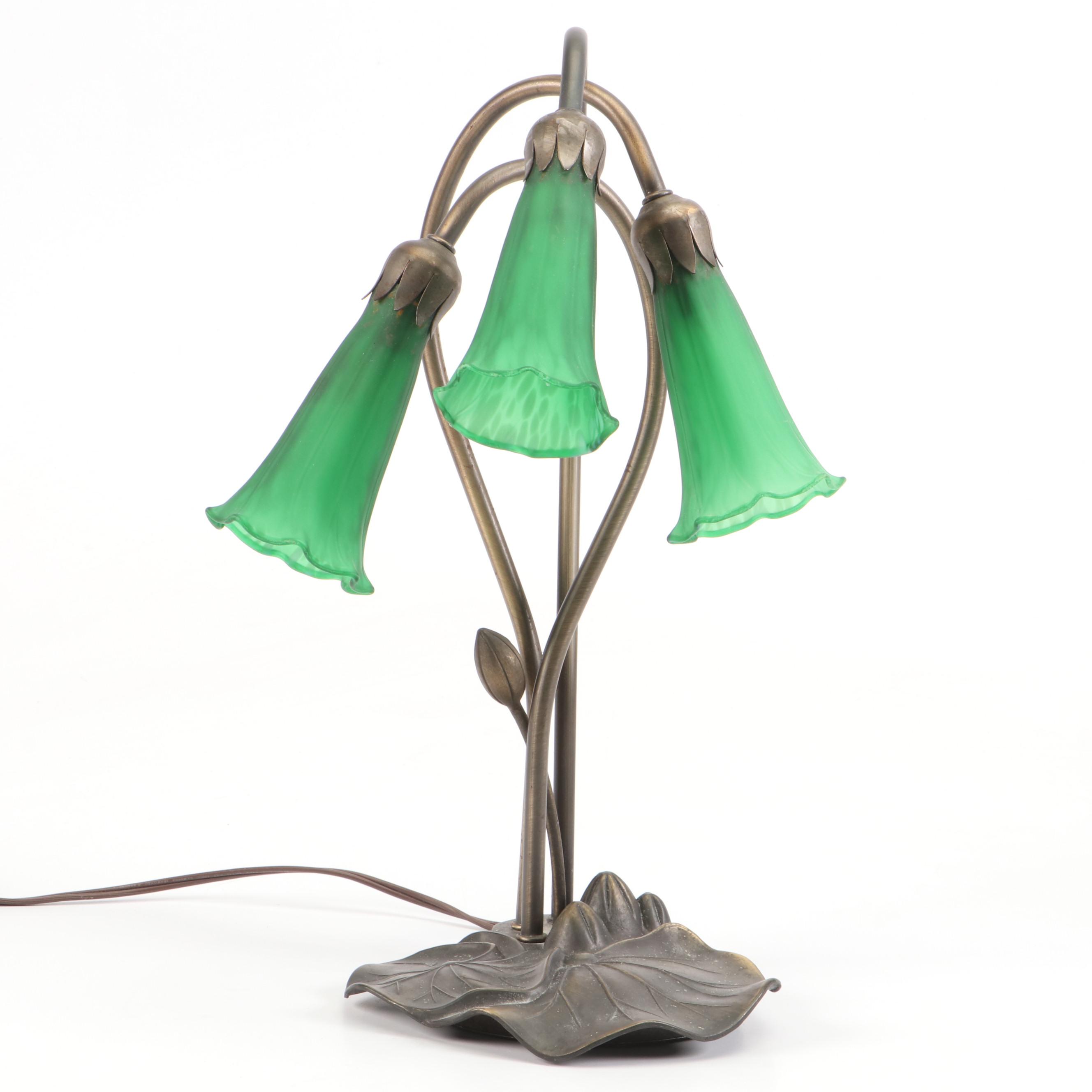 Brass Finish Waterlily Table Lamp with Trumpet Shades, Hummingbird Accent Light