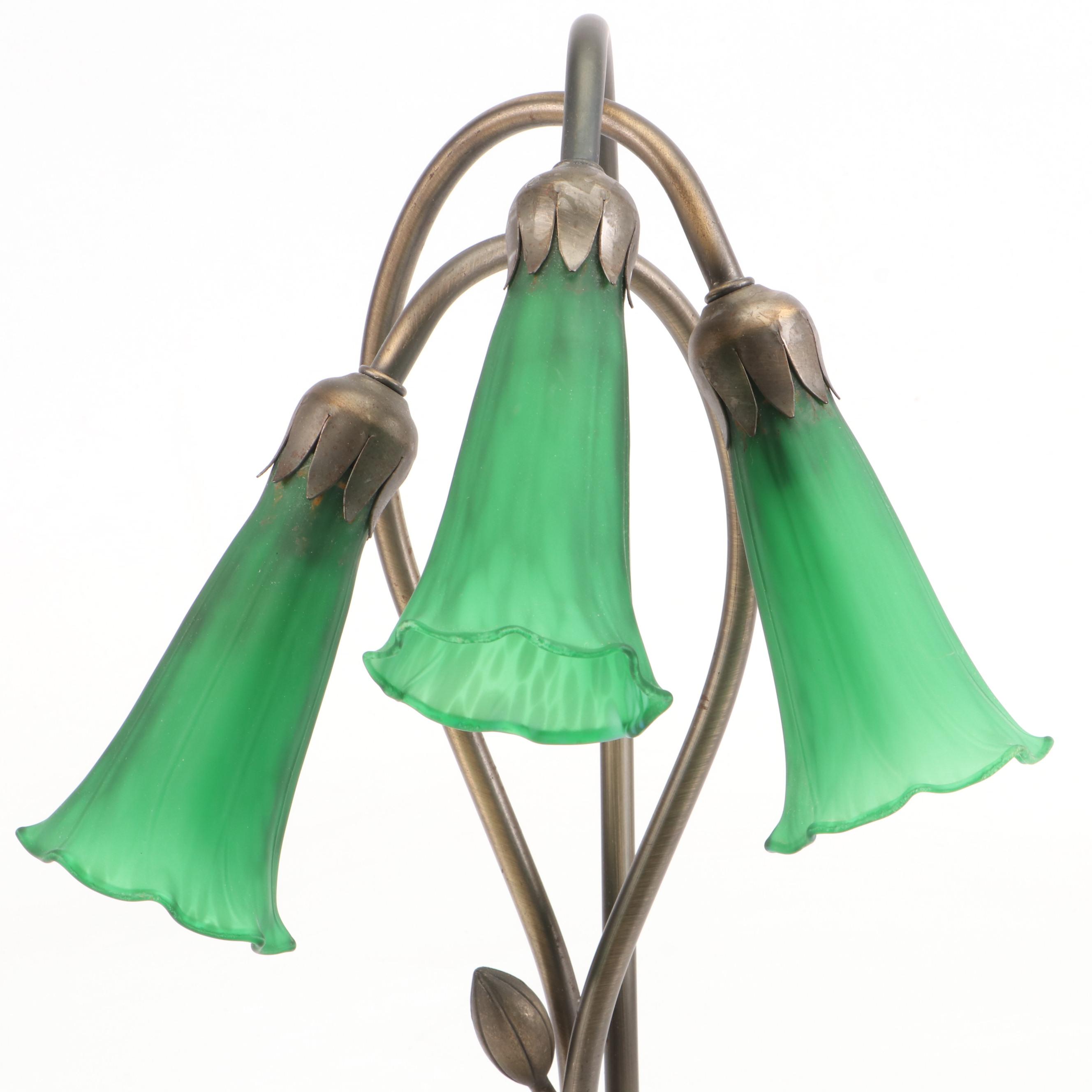 Brass Finish Waterlily Table Lamp with Trumpet Shades, Hummingbird Accent Light