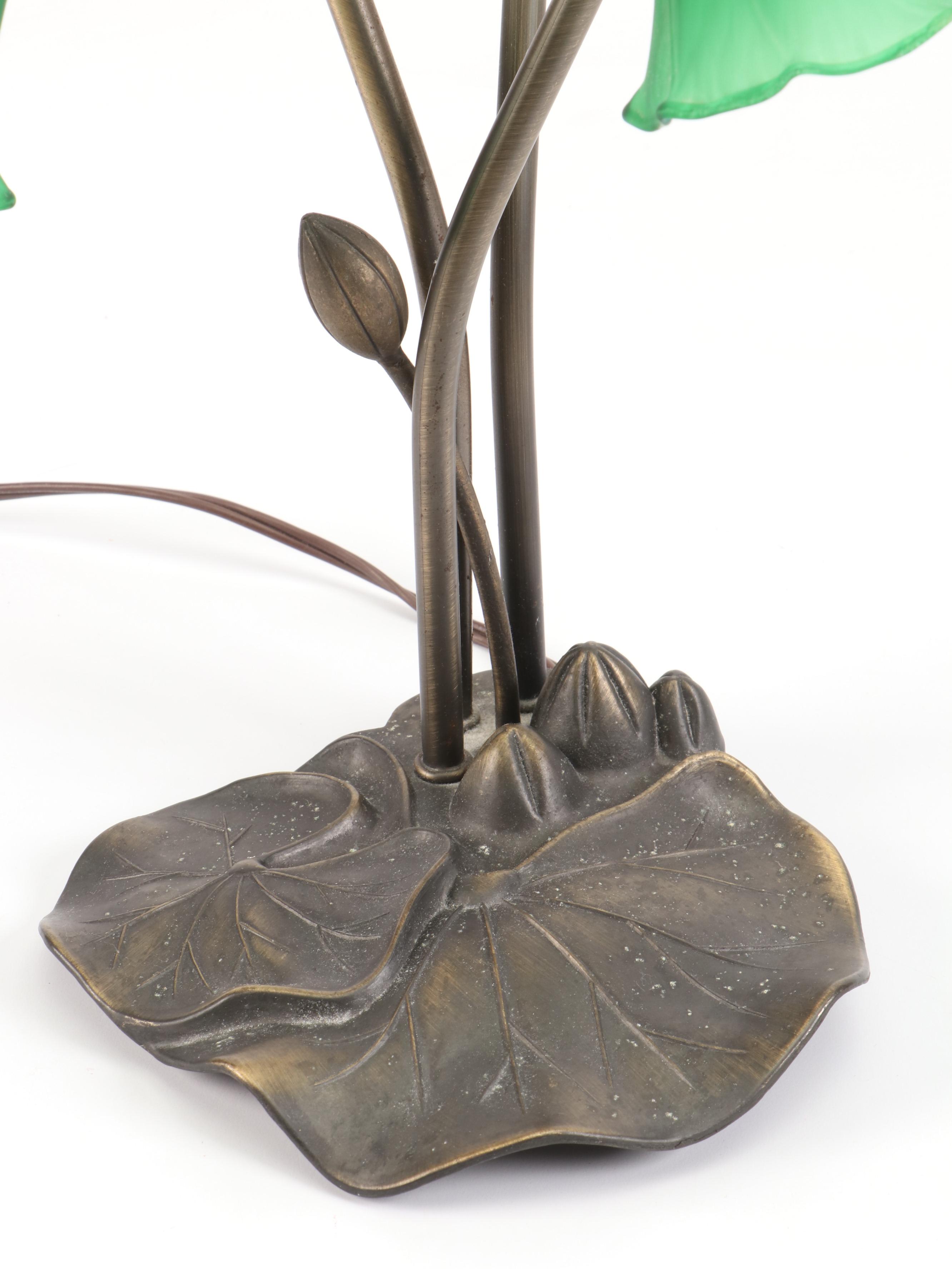 Brass Finish Waterlily Table Lamp with Trumpet Shades, Hummingbird Accent Light