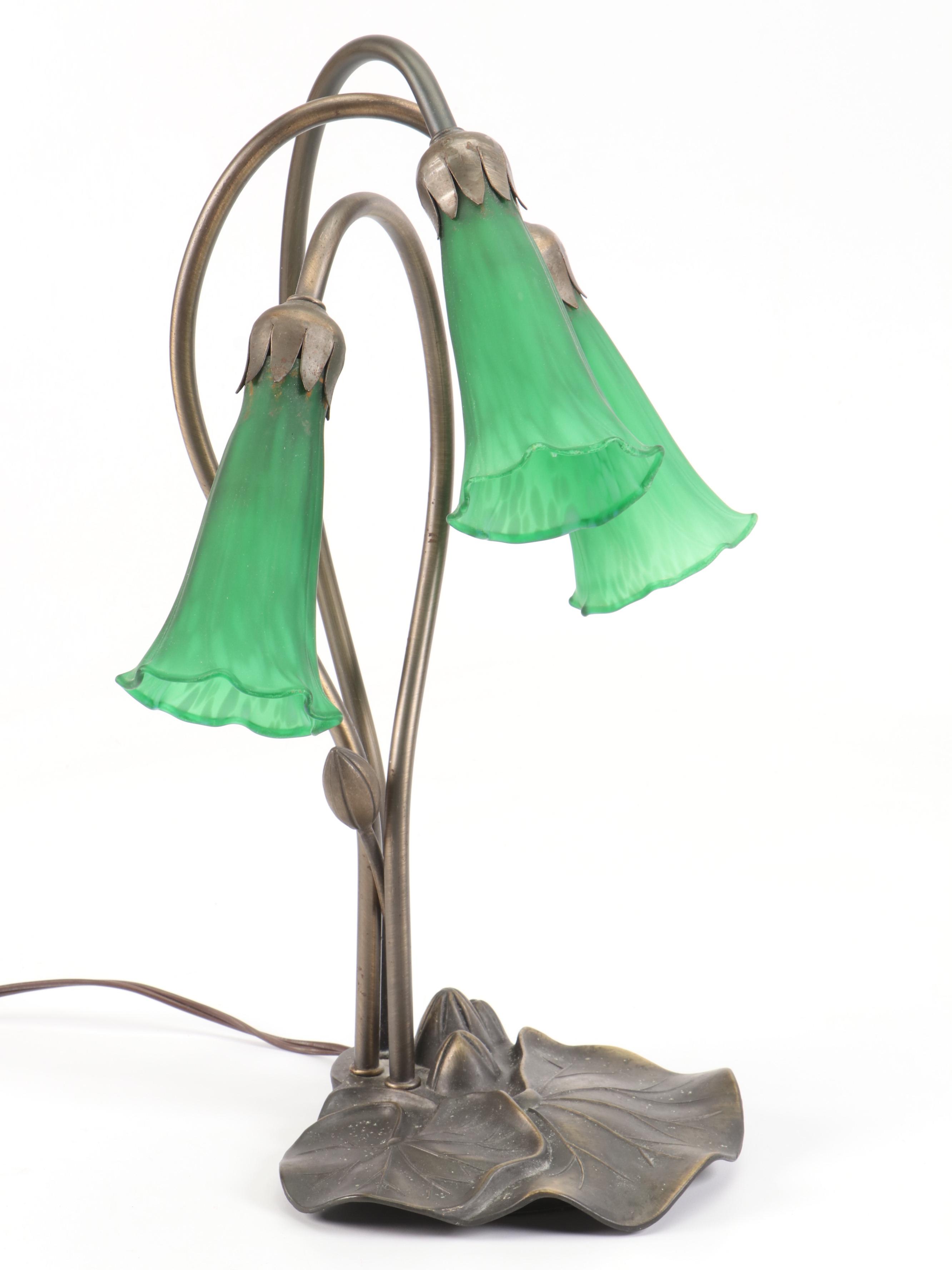 Brass Finish Waterlily Table Lamp with Trumpet Shades, Hummingbird Accent Light