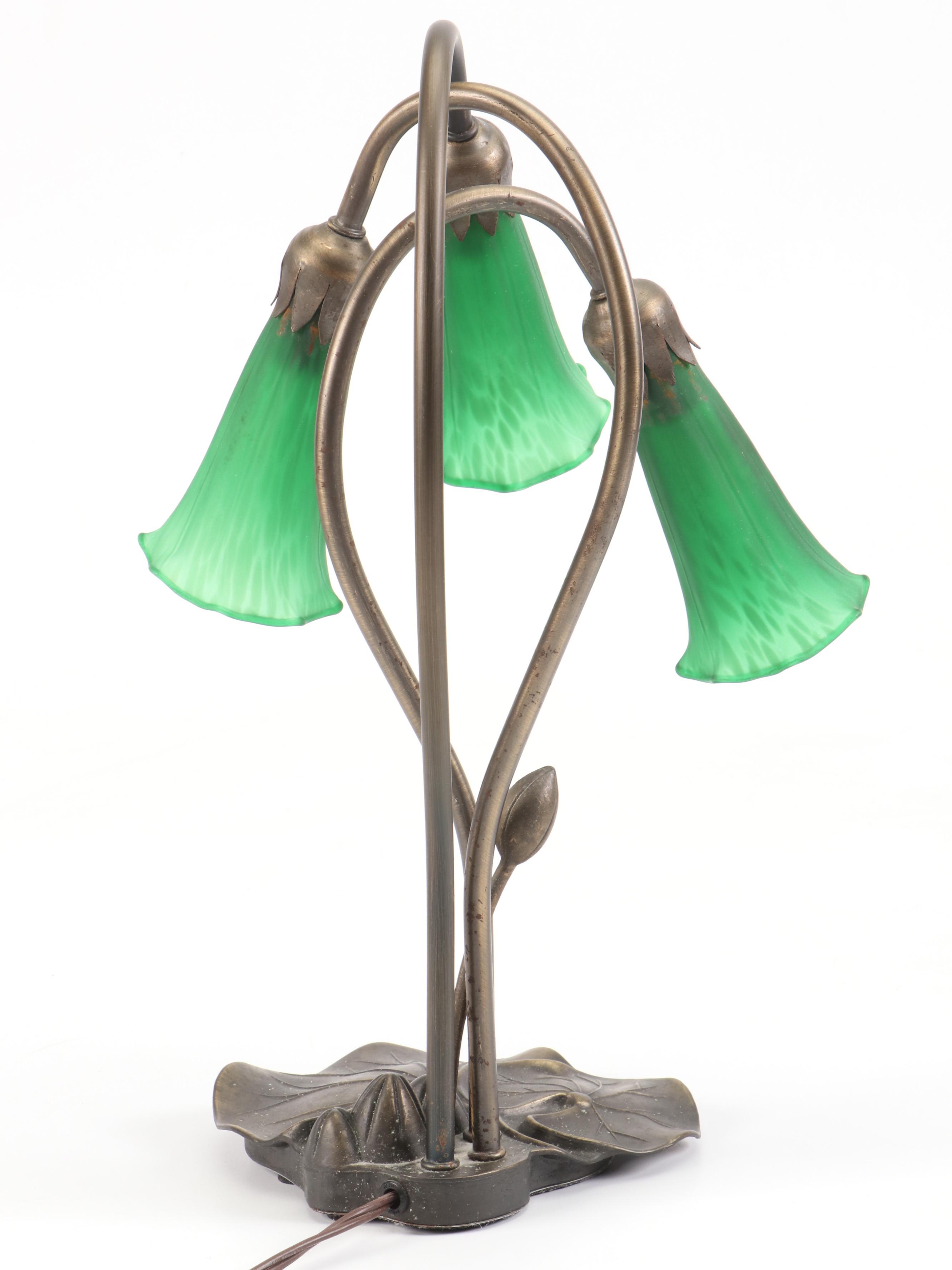 Brass Finish Waterlily Table Lamp with Trumpet Shades, Hummingbird Accent Light