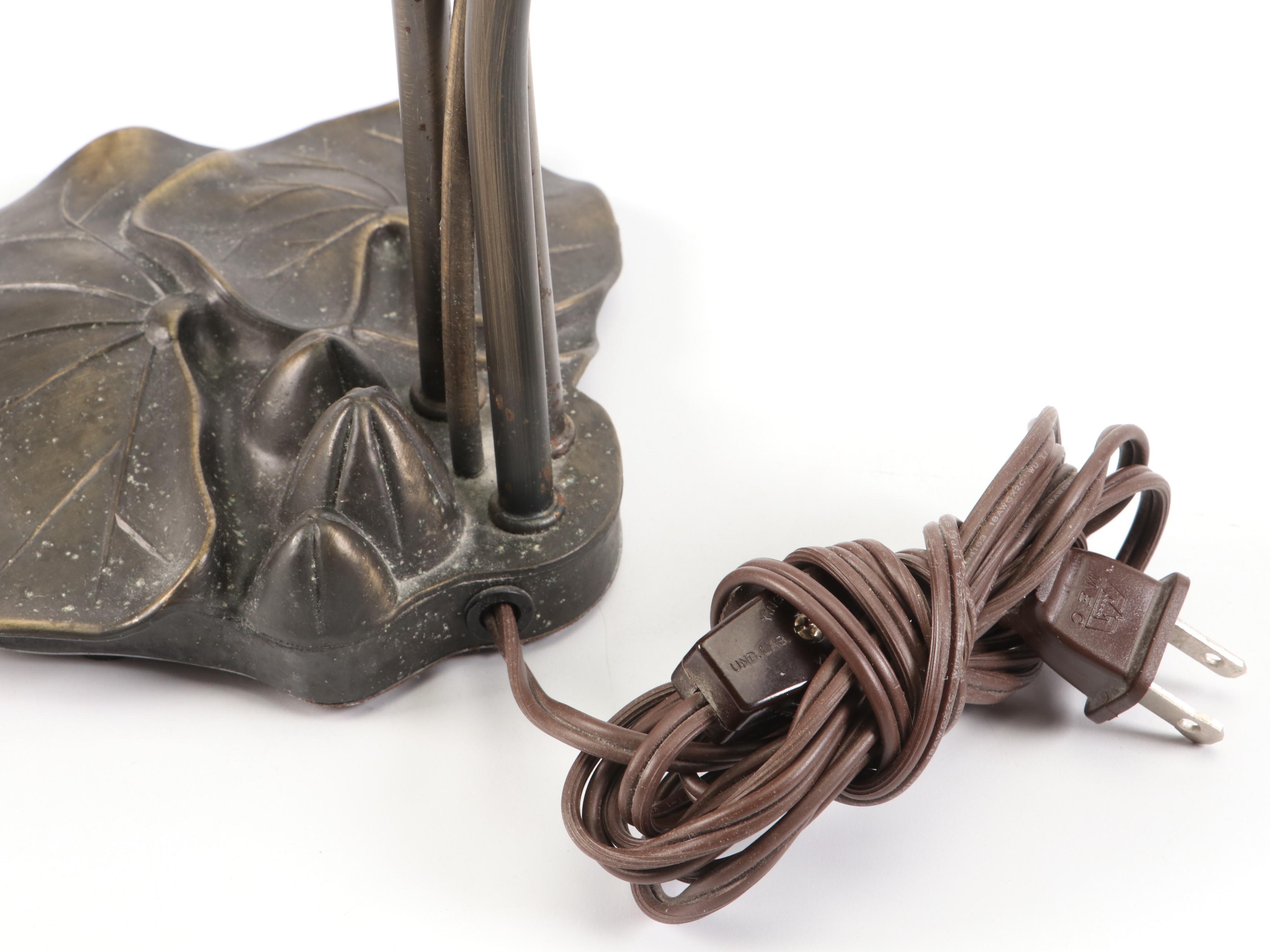 Brass Finish Waterlily Table Lamp with Trumpet Shades, Hummingbird Accent Light