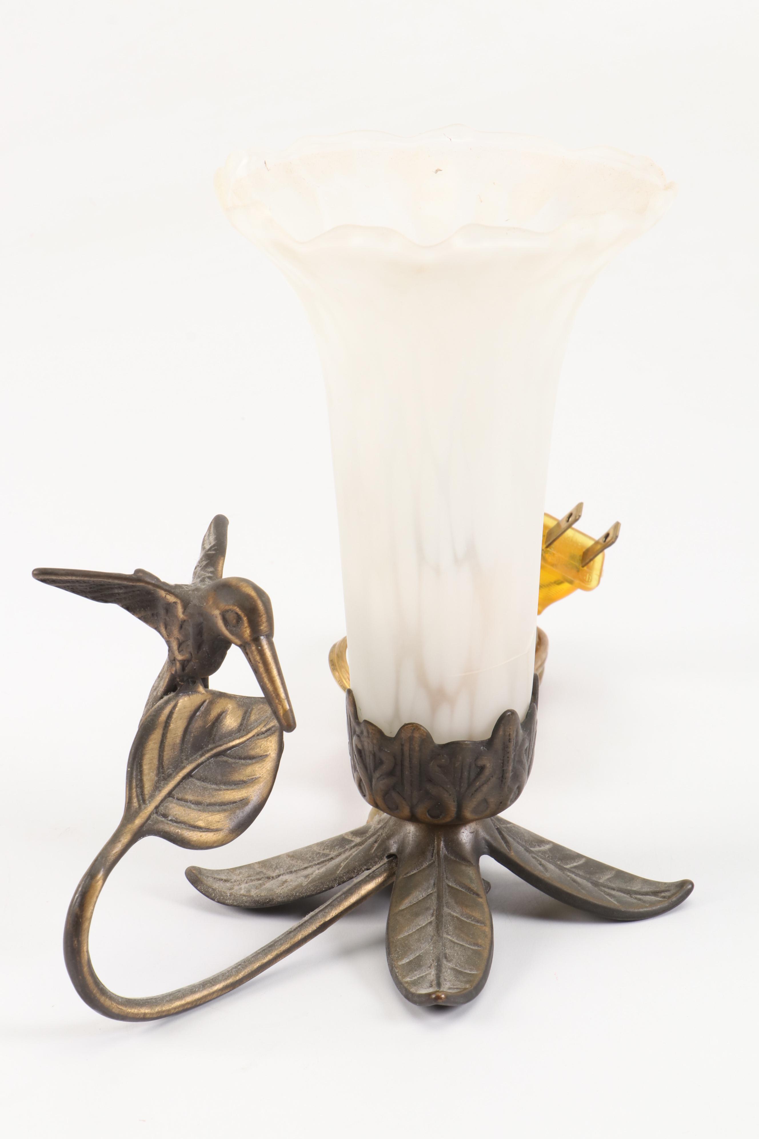 Brass Finish Waterlily Table Lamp with Trumpet Shades, Hummingbird Accent Light