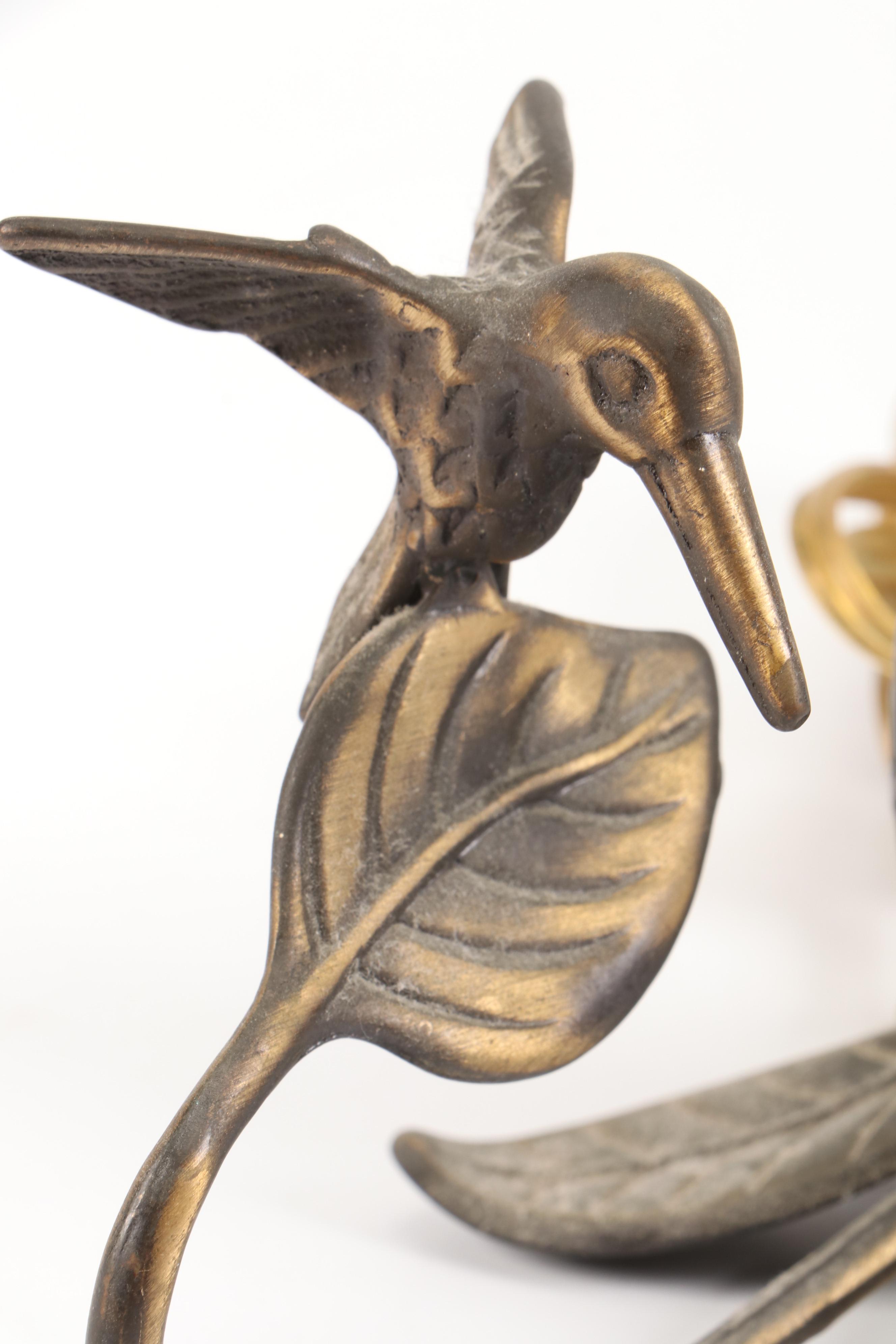 Brass Finish Waterlily Table Lamp with Trumpet Shades, Hummingbird Accent Light