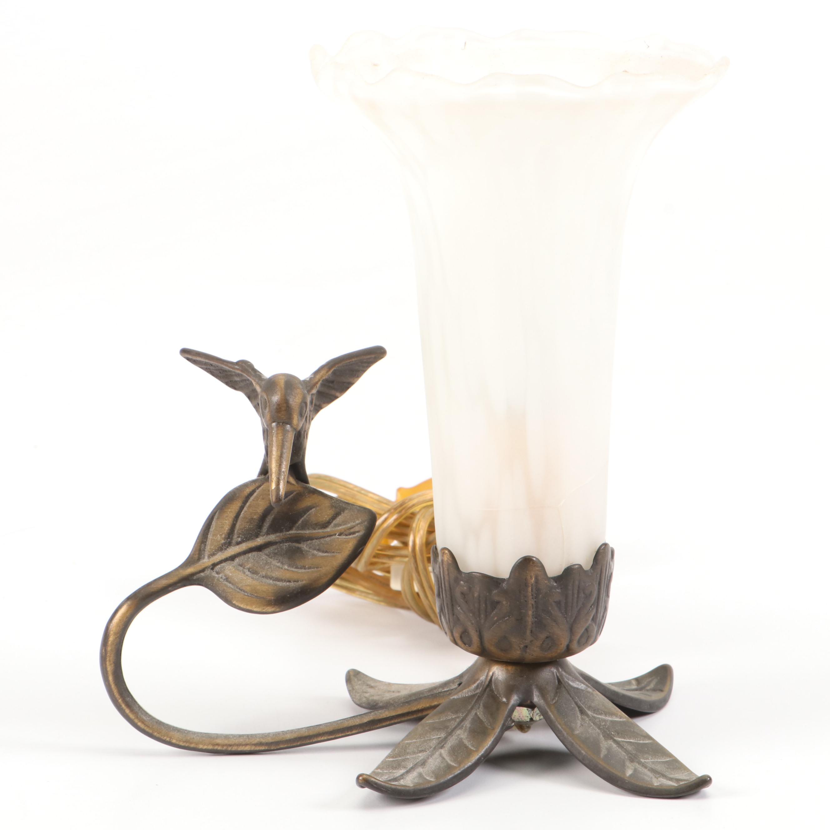 Brass Finish Waterlily Table Lamp with Trumpet Shades, Hummingbird Accent Light