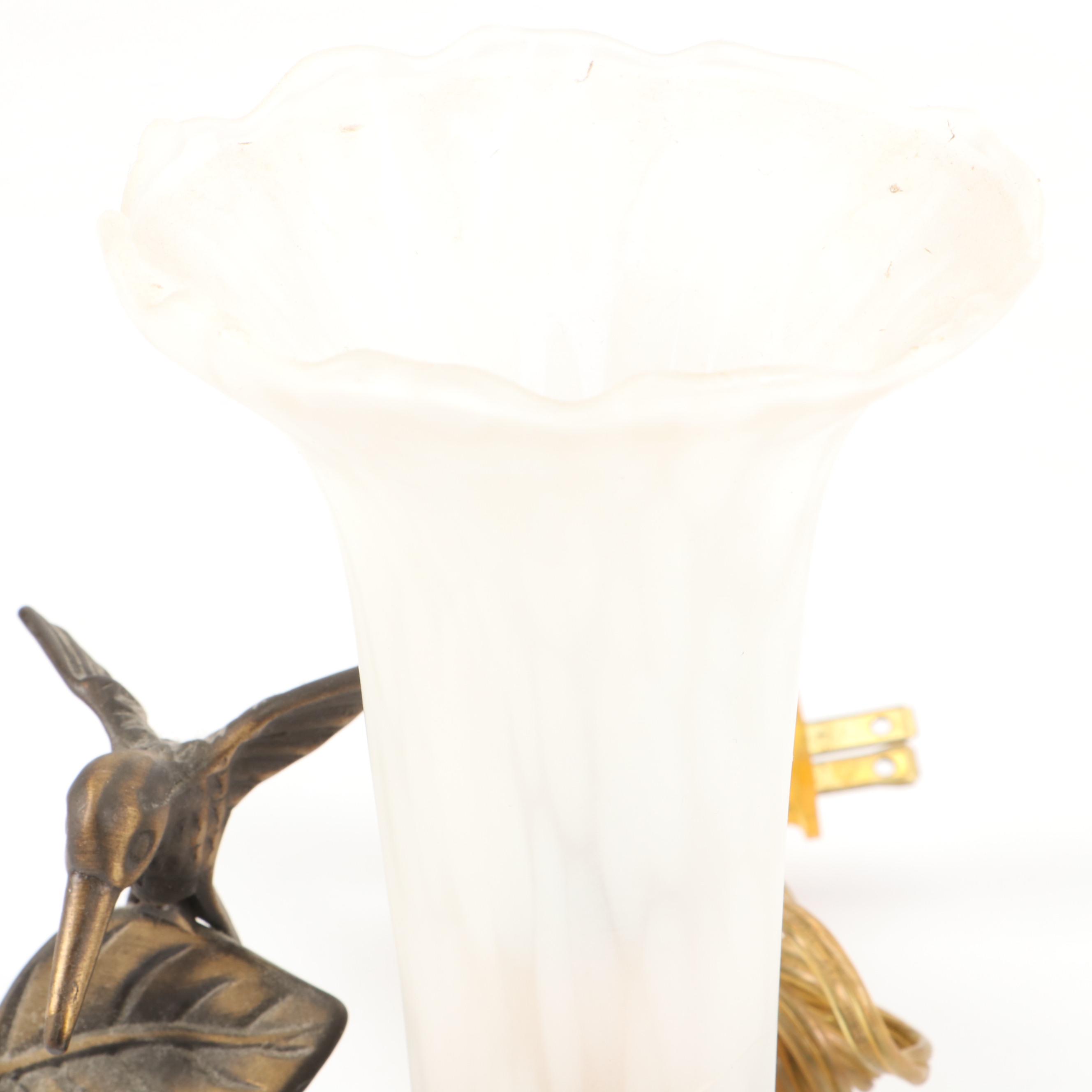 Brass Finish Waterlily Table Lamp with Trumpet Shades, Hummingbird Accent Light