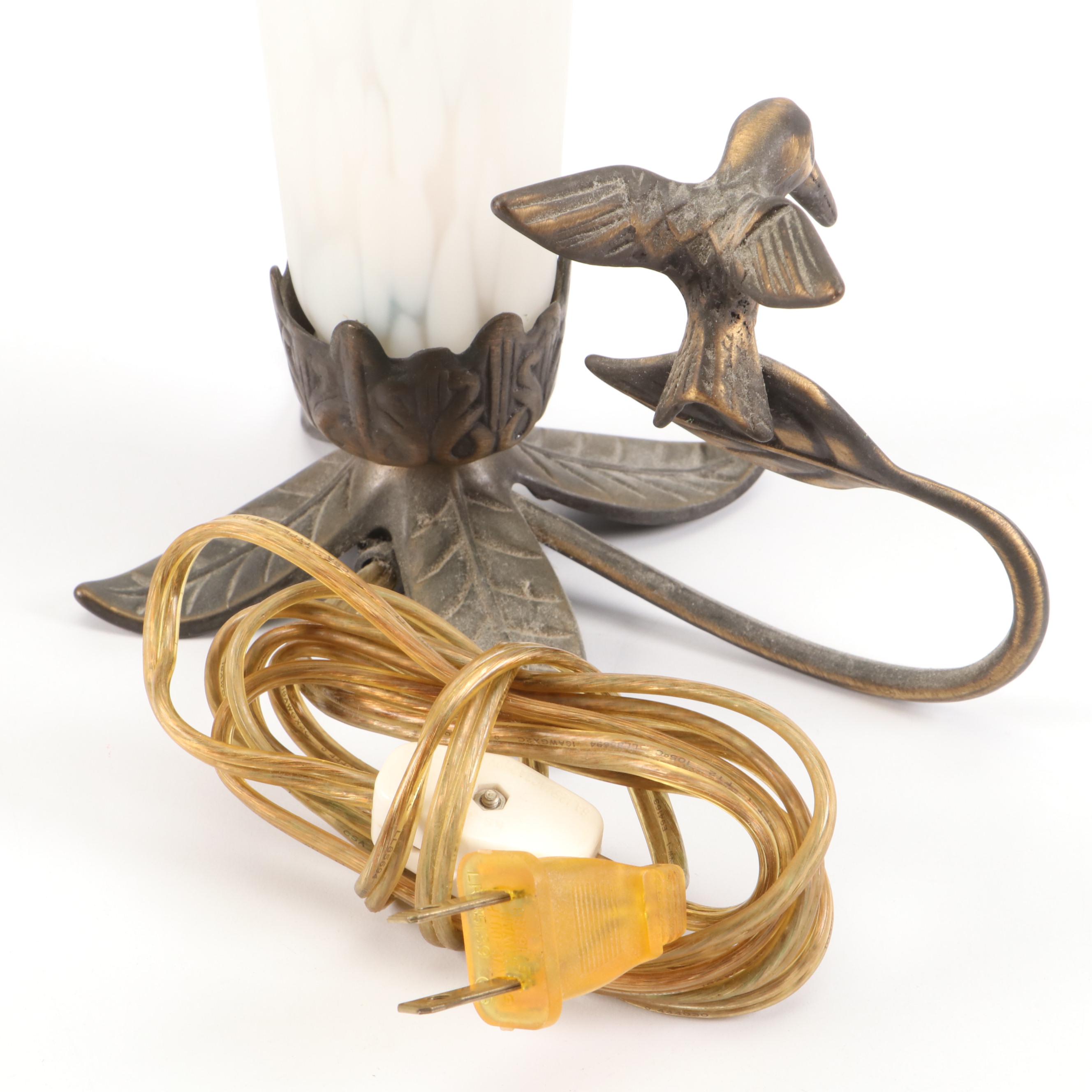 Brass Finish Waterlily Table Lamp with Trumpet Shades, Hummingbird Accent Light