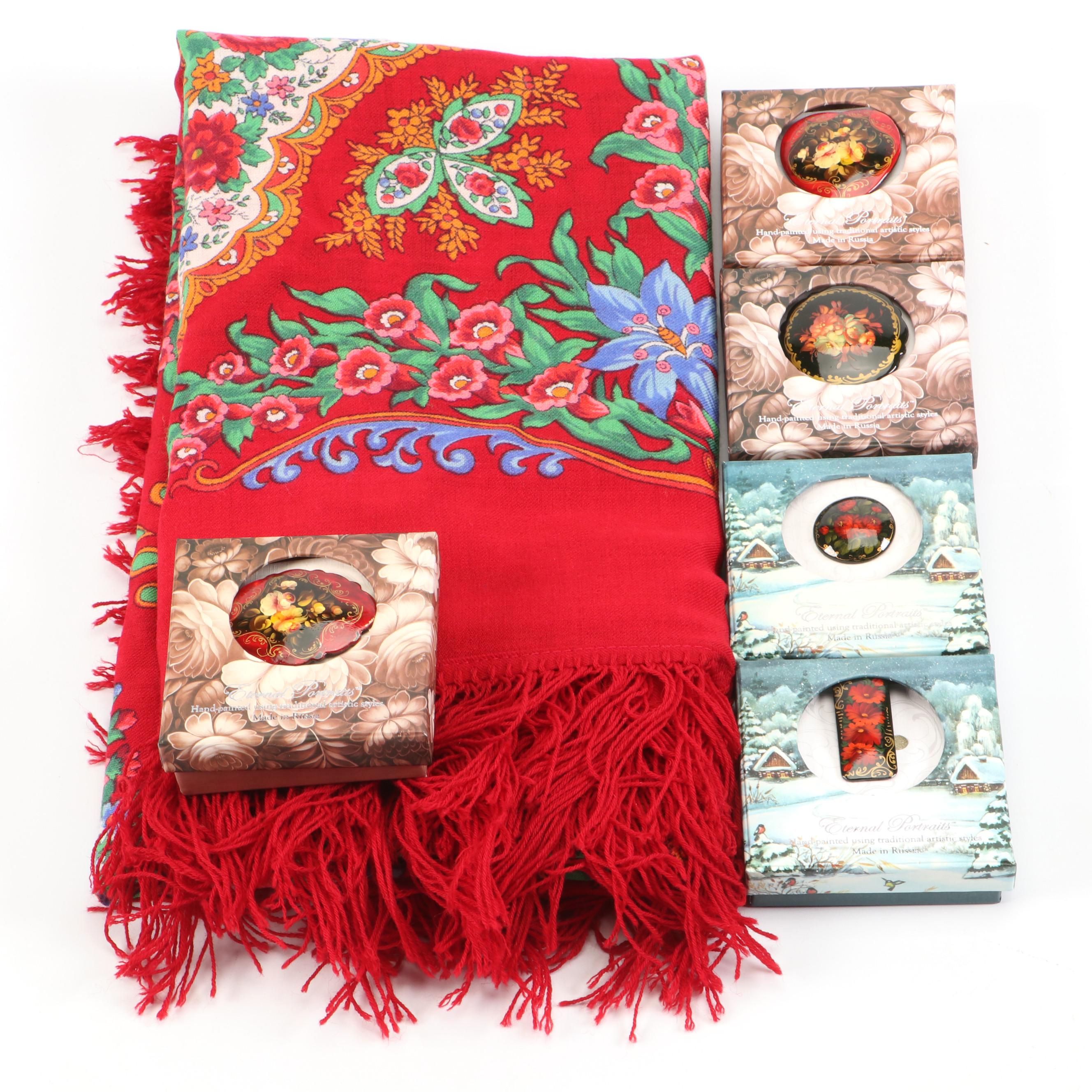 Russian G. DeBrekht Lacquerware Brooches with Machine Woven Printed Wool Shawl