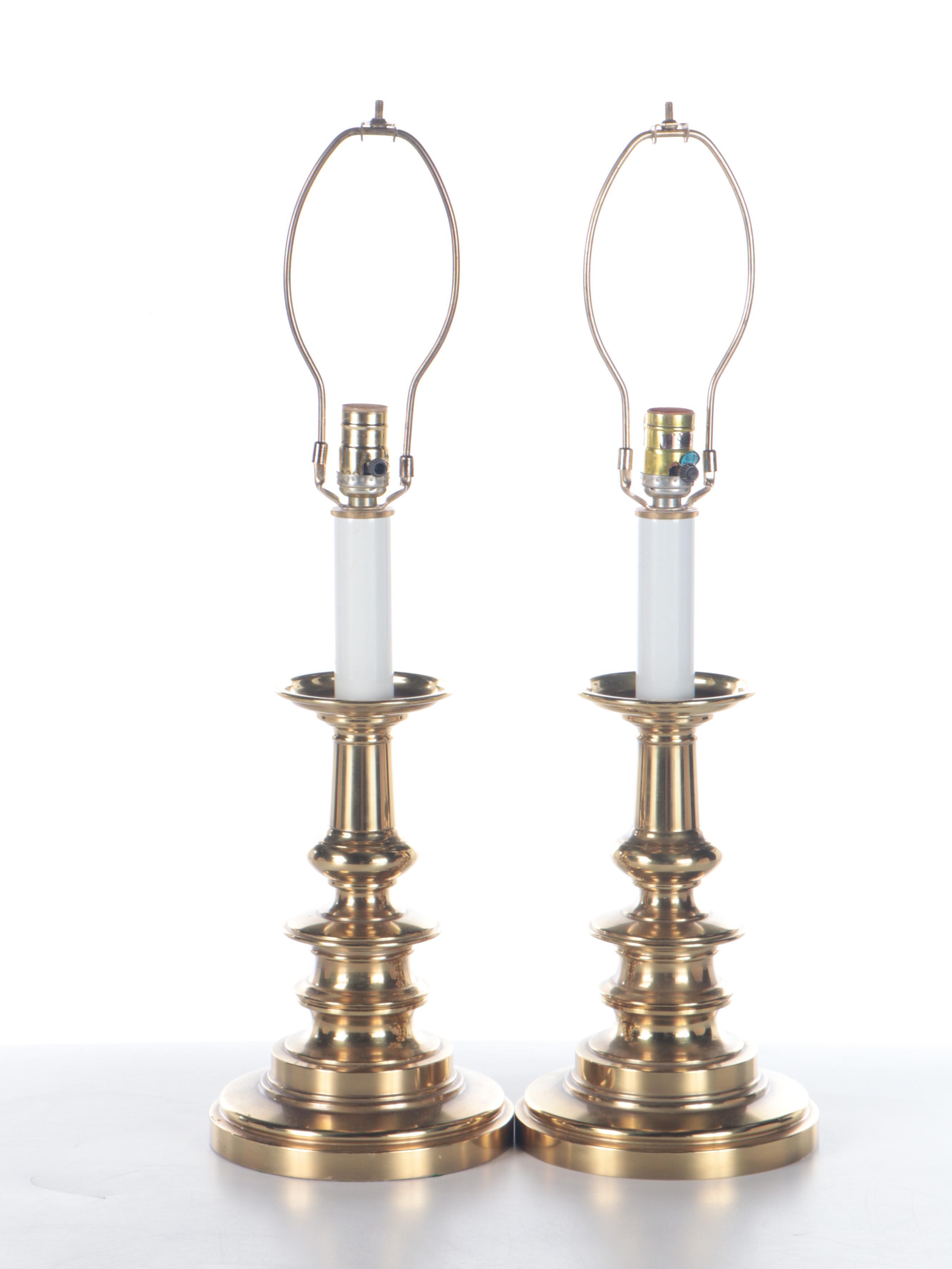 Pair of Stiffel Spun Brass Table Lamps with Crimped Fabric Shades, Late 20th C