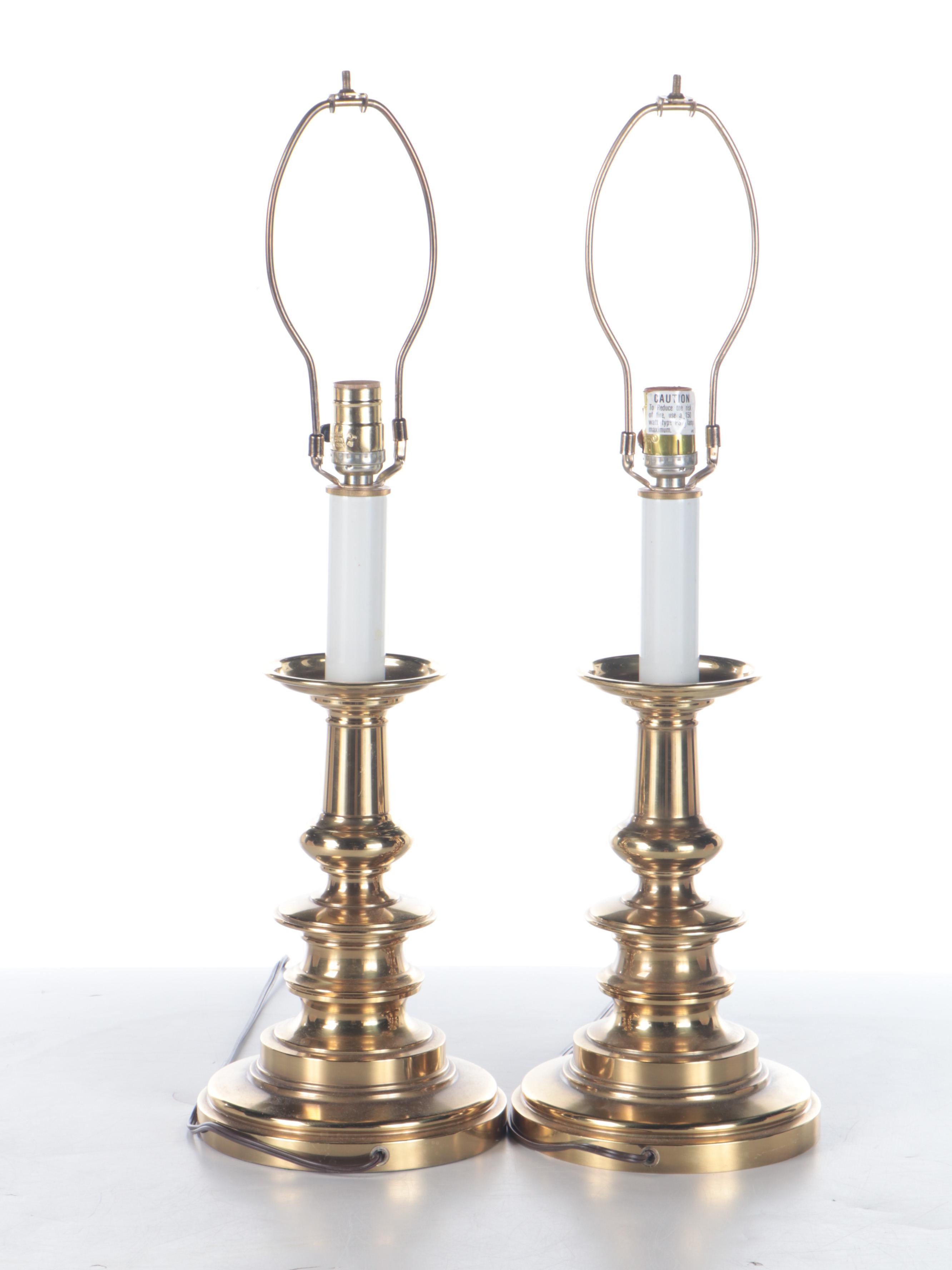 Pair of Stiffel Spun Brass Table Lamps with Crimped Fabric Shades, Late 20th C