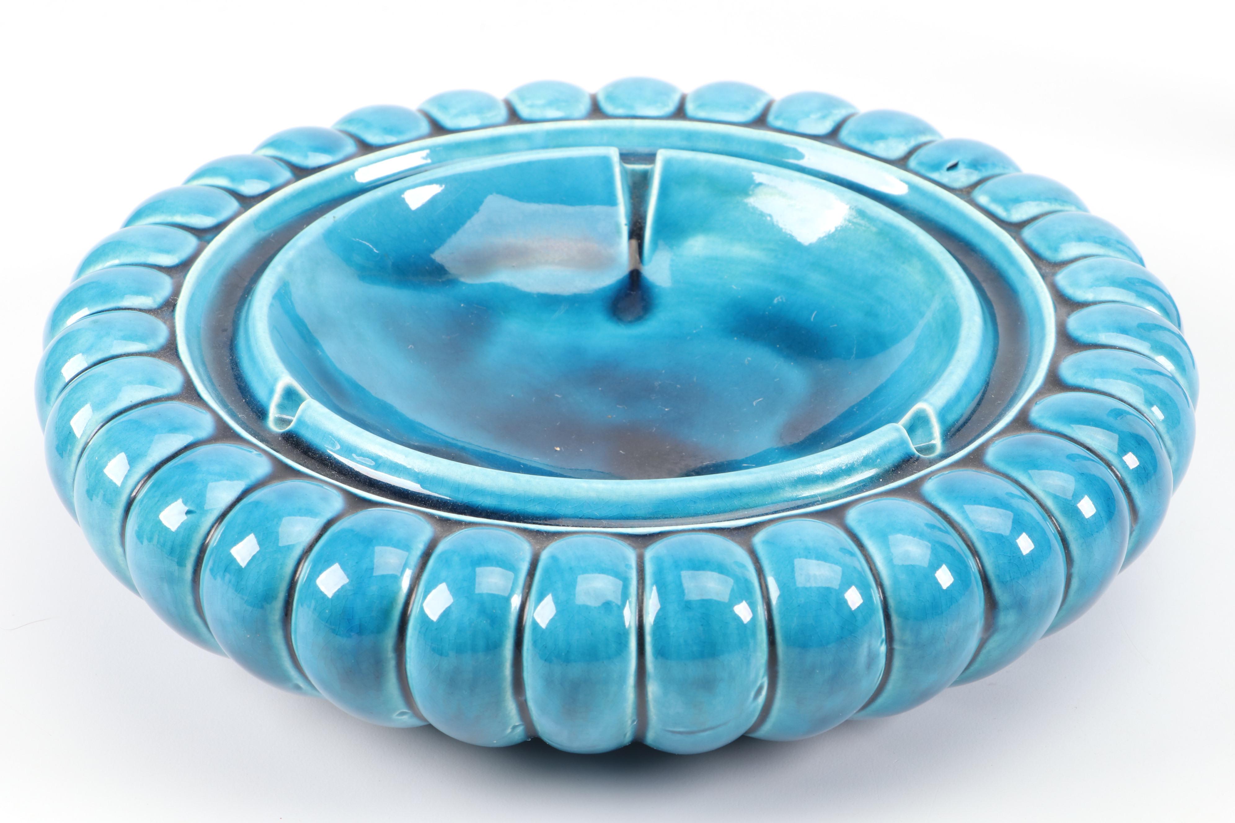 Anthony Mid Century Modern Blue Ceramic Ashtray and Table Lighter