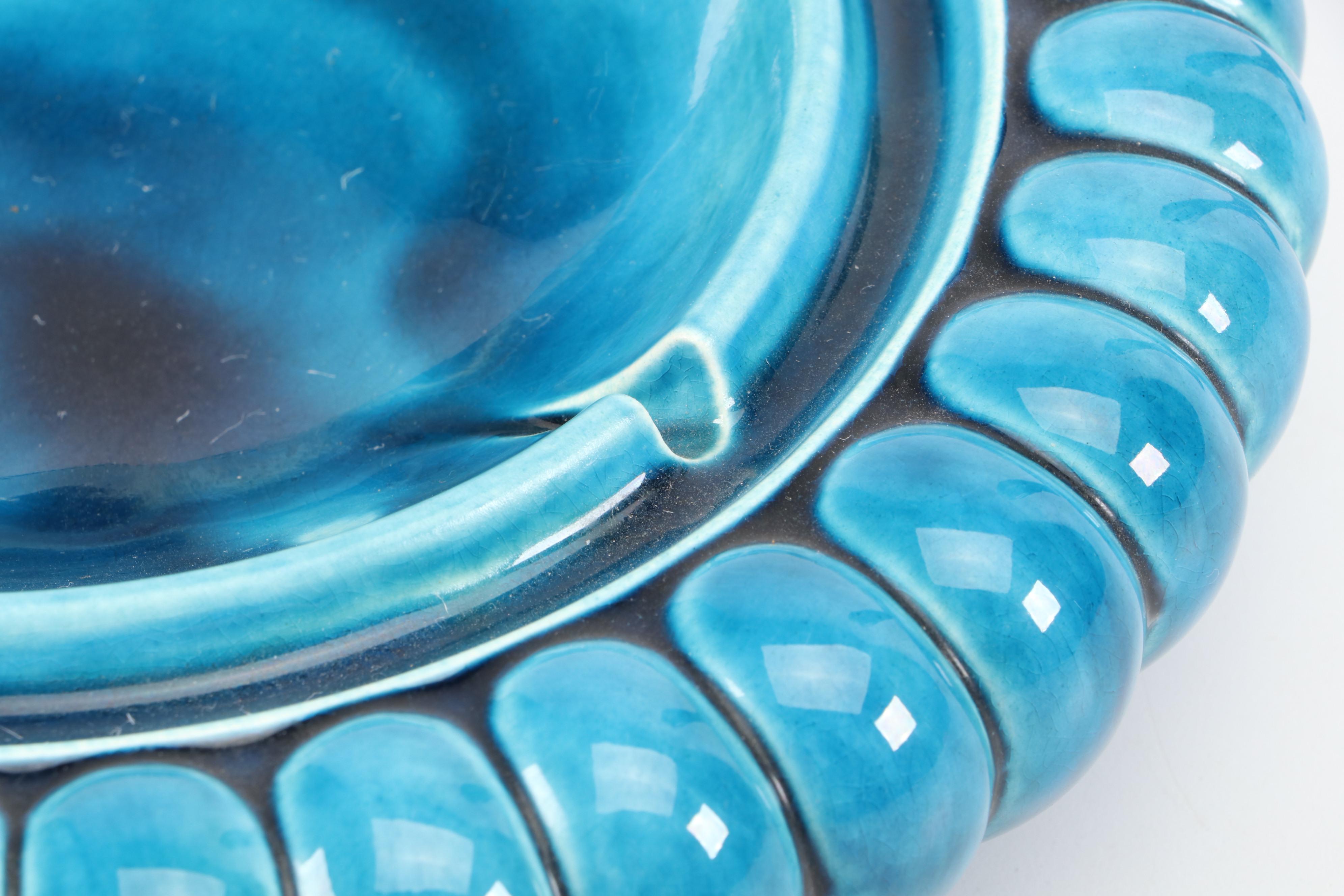 Anthony Mid Century Modern Blue Ceramic Ashtray and Table Lighter