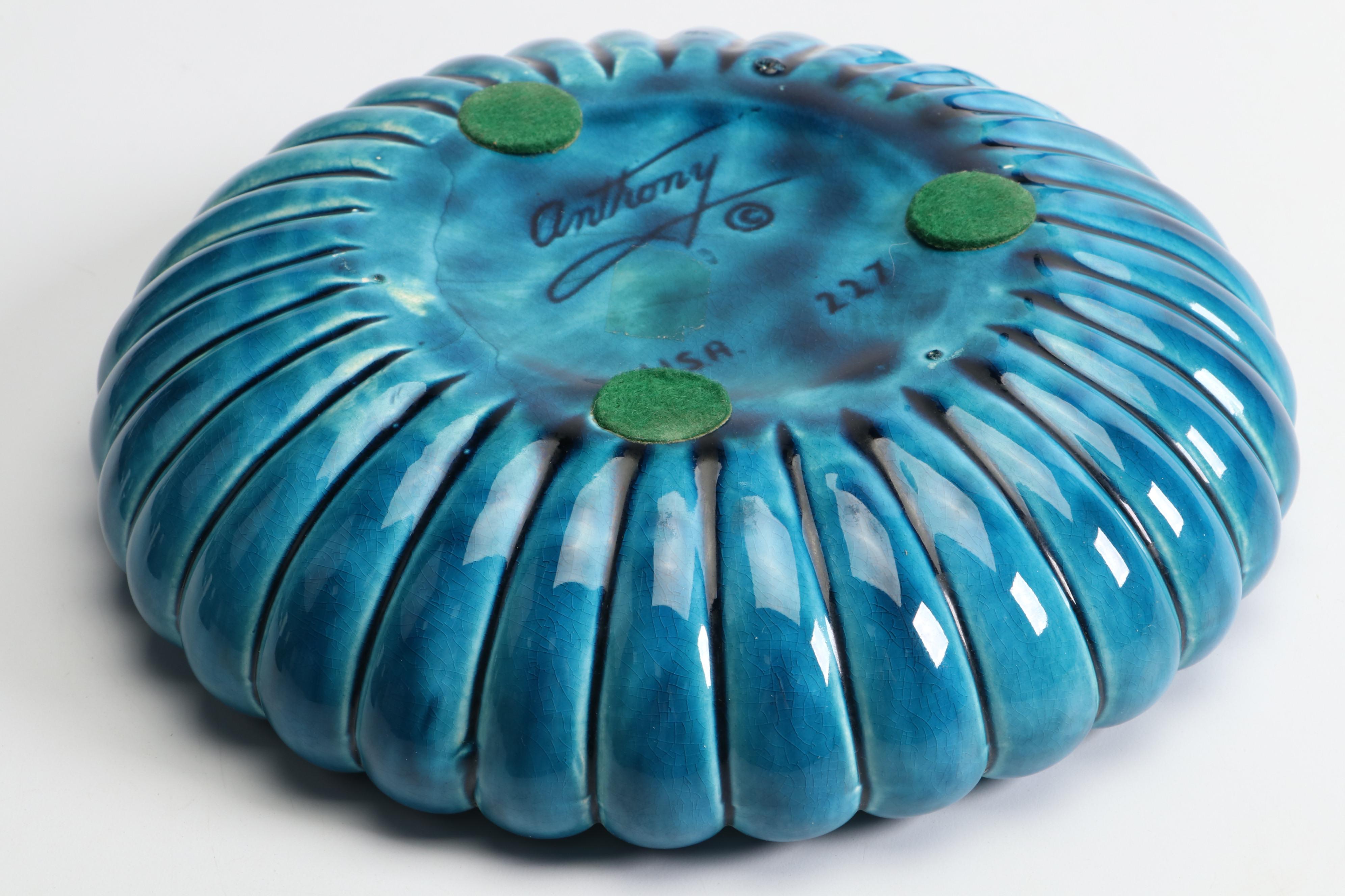 Anthony Mid Century Modern Blue Ceramic Ashtray and Table Lighter