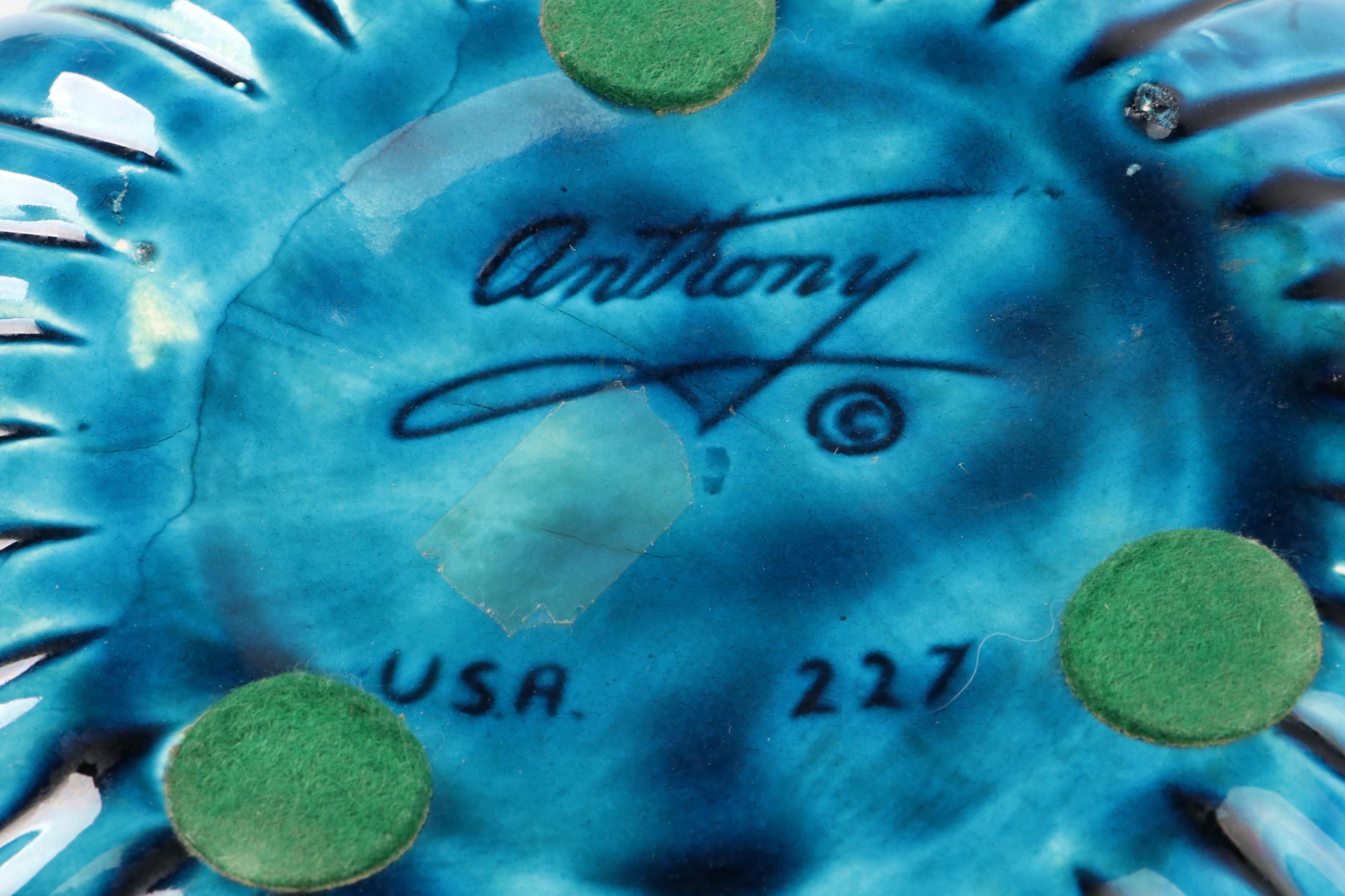 Anthony Mid Century Modern Blue Ceramic Ashtray and Table Lighter