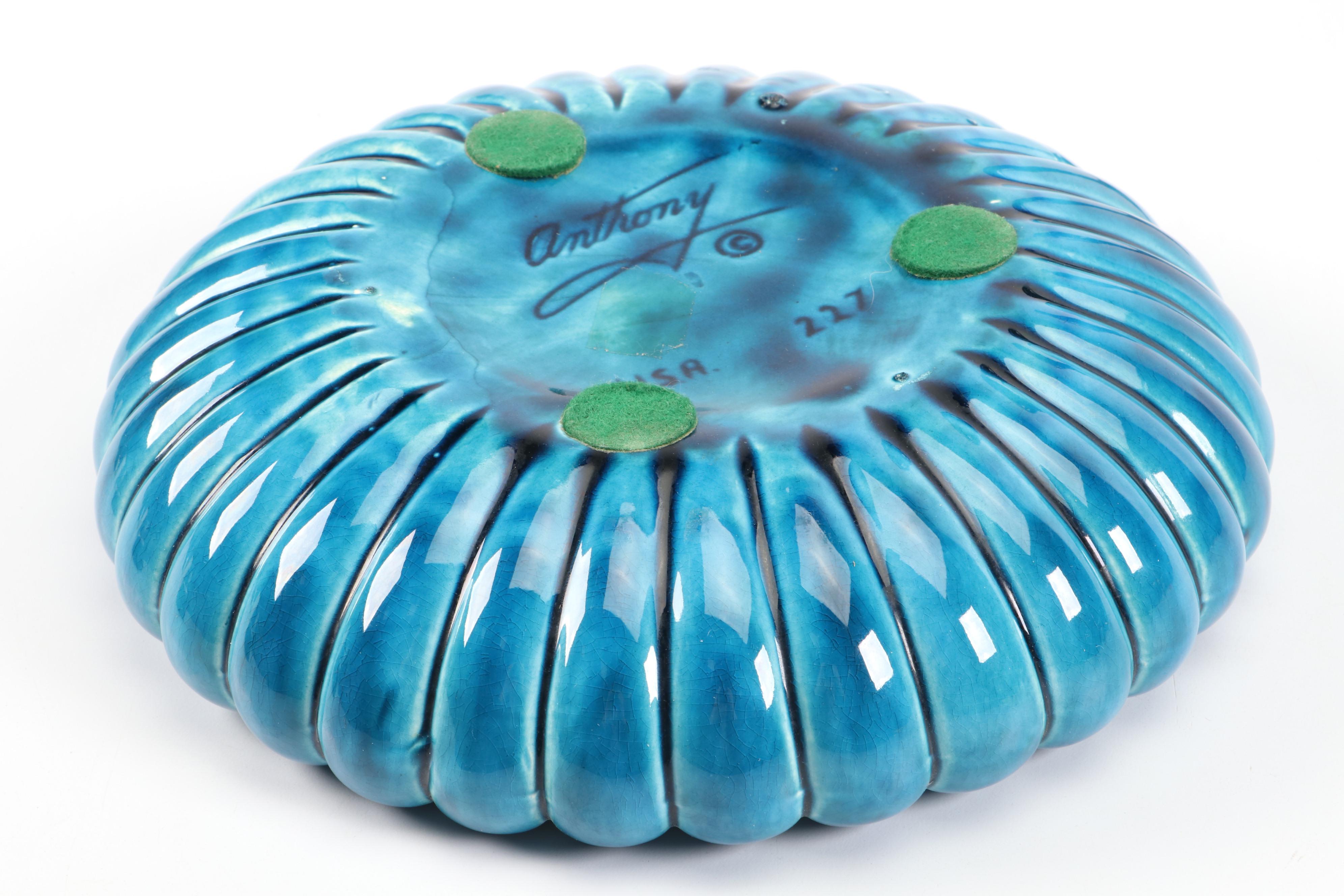 Anthony Mid Century Modern Blue Ceramic Ashtray and Table Lighter