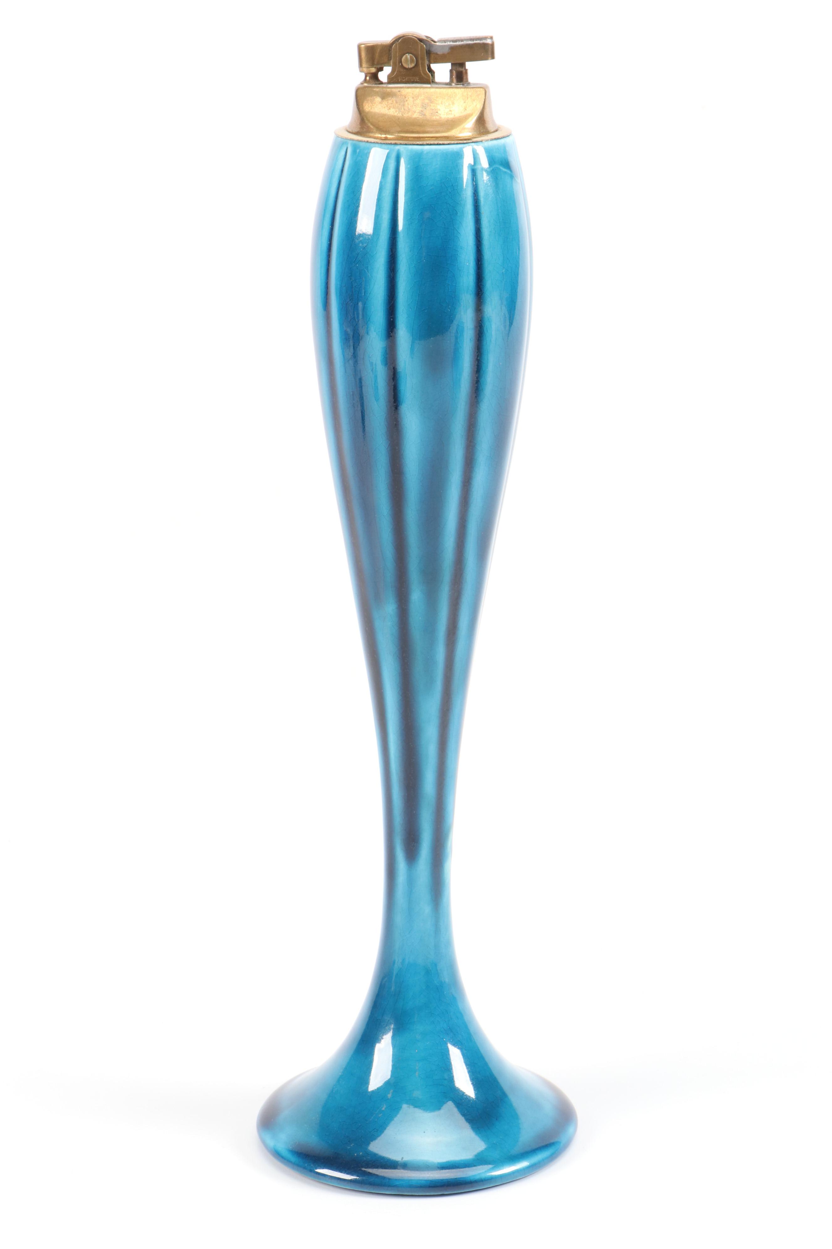 Anthony Mid Century Modern Blue Ceramic Ashtray and Table Lighter