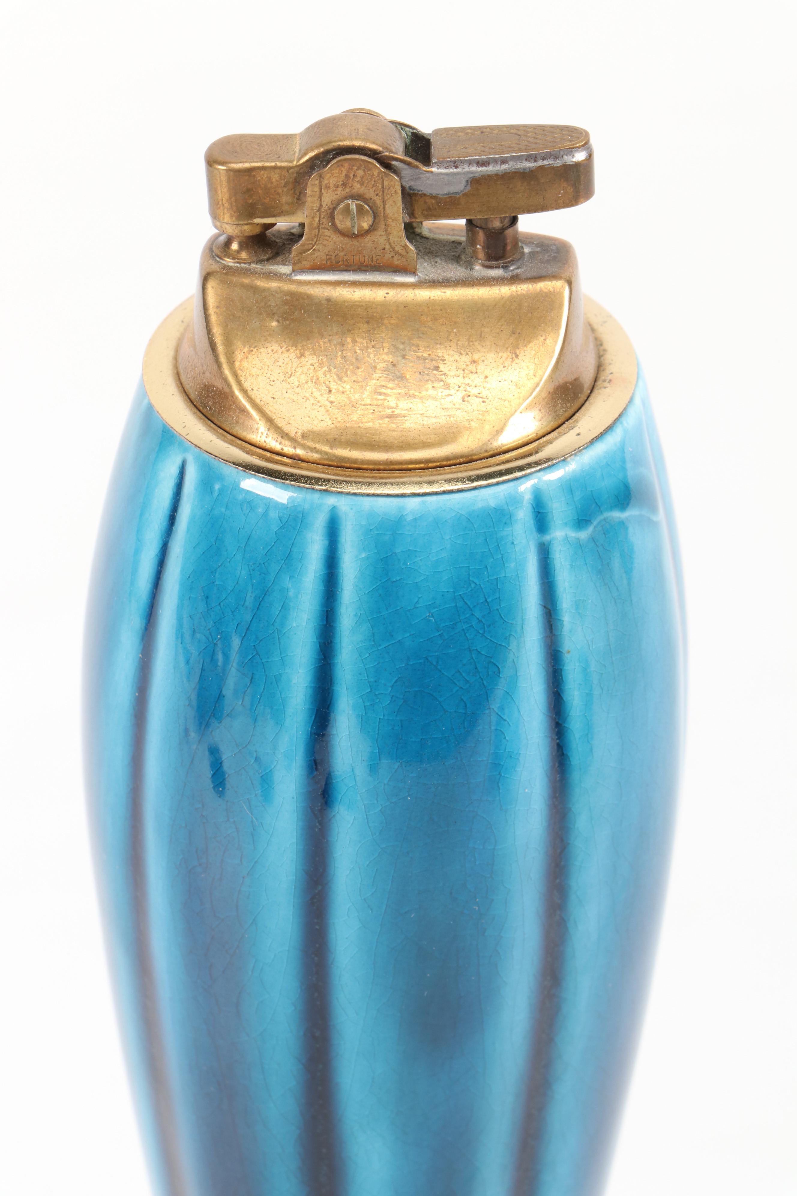 Anthony Mid Century Modern Blue Ceramic Ashtray and Table Lighter