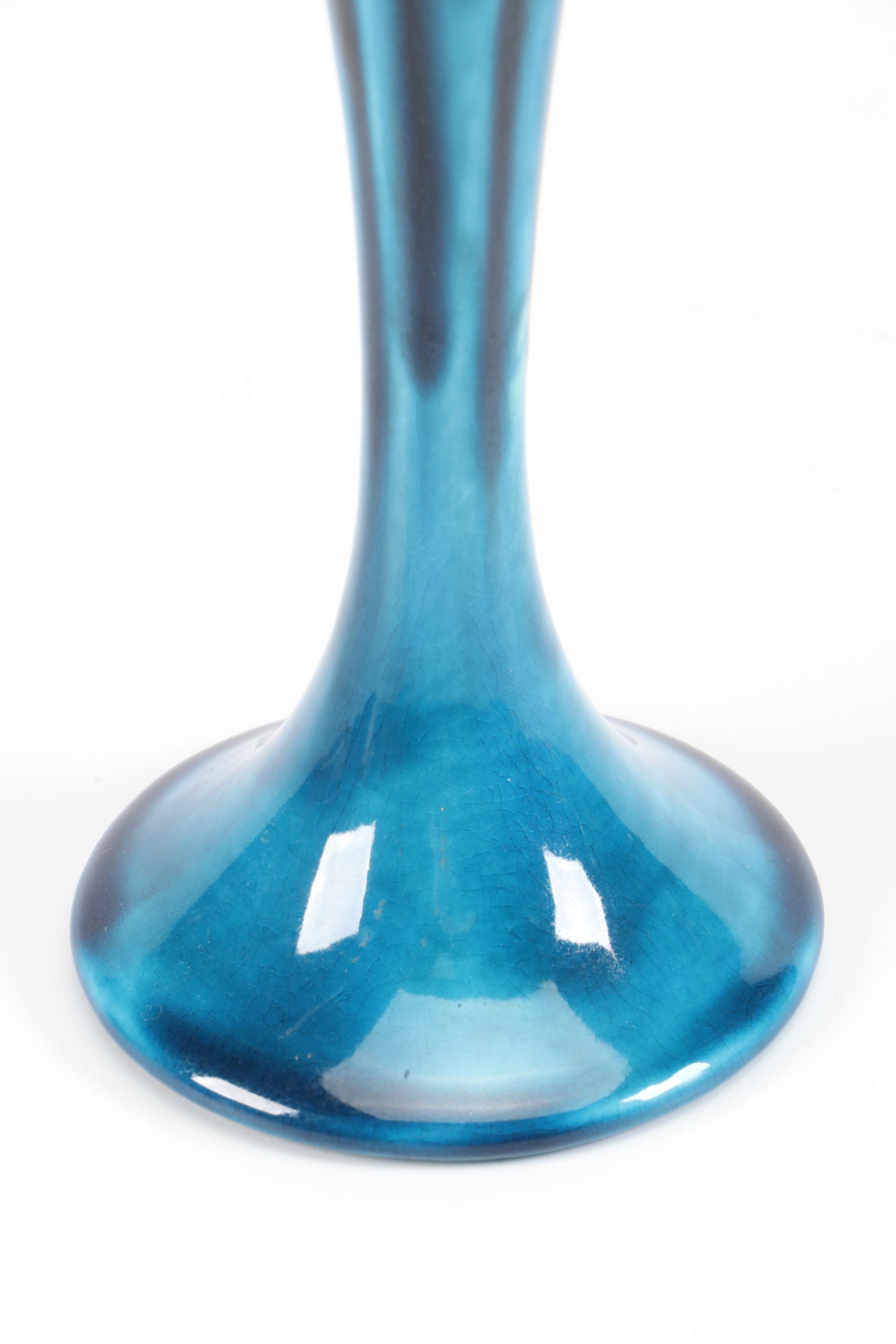 Anthony Mid Century Modern Blue Ceramic Ashtray and Table Lighter