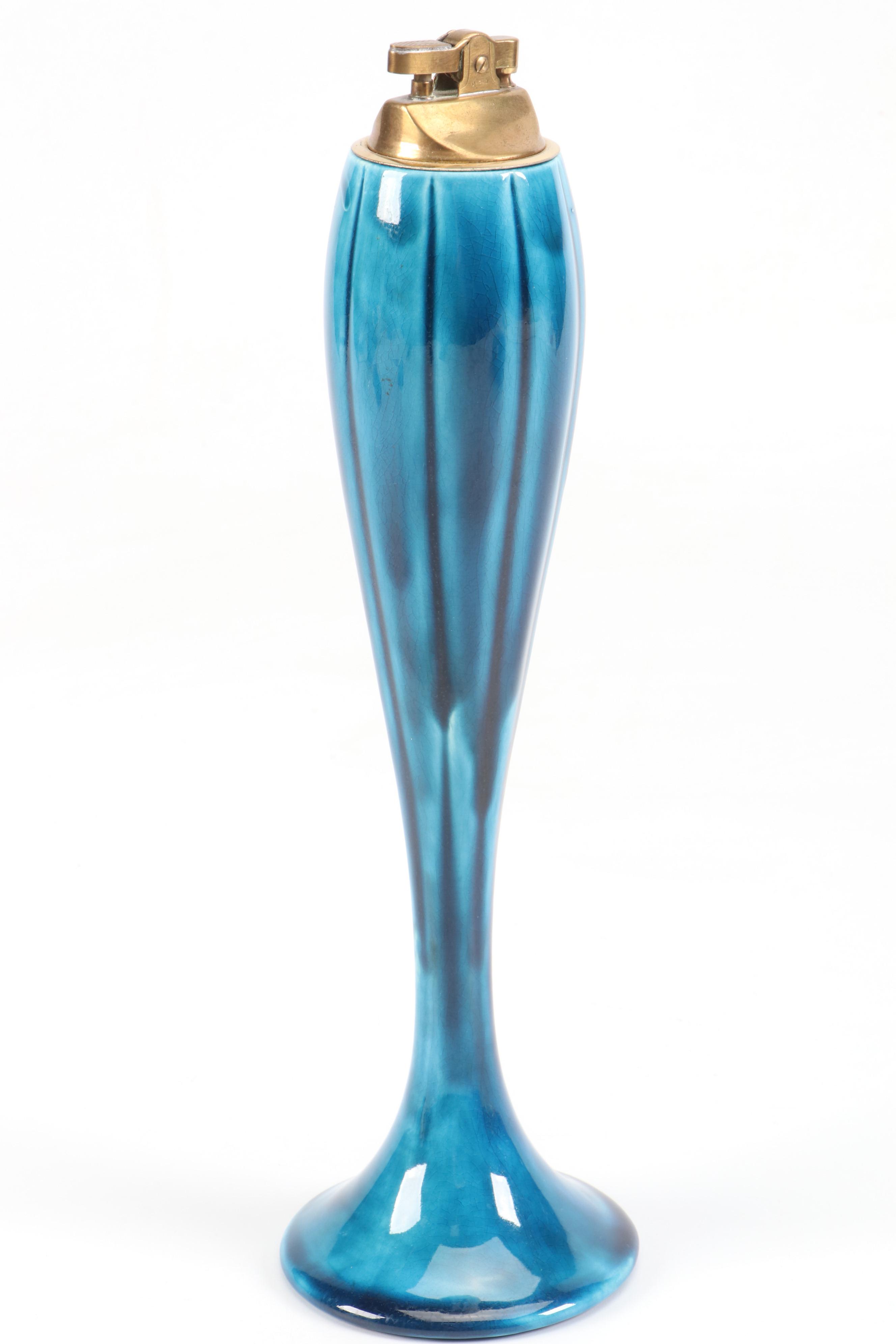 Anthony Mid Century Modern Blue Ceramic Ashtray and Table Lighter