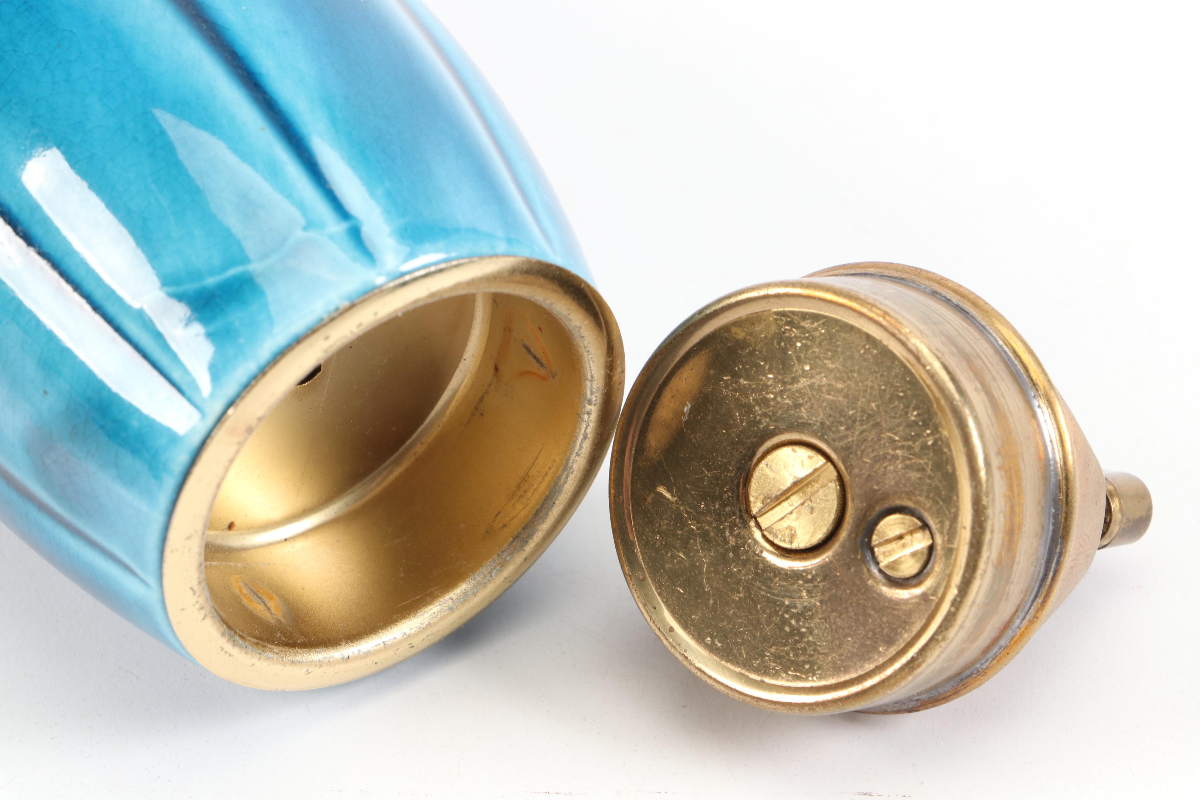 Anthony Mid Century Modern Blue Ceramic Ashtray and Table Lighter