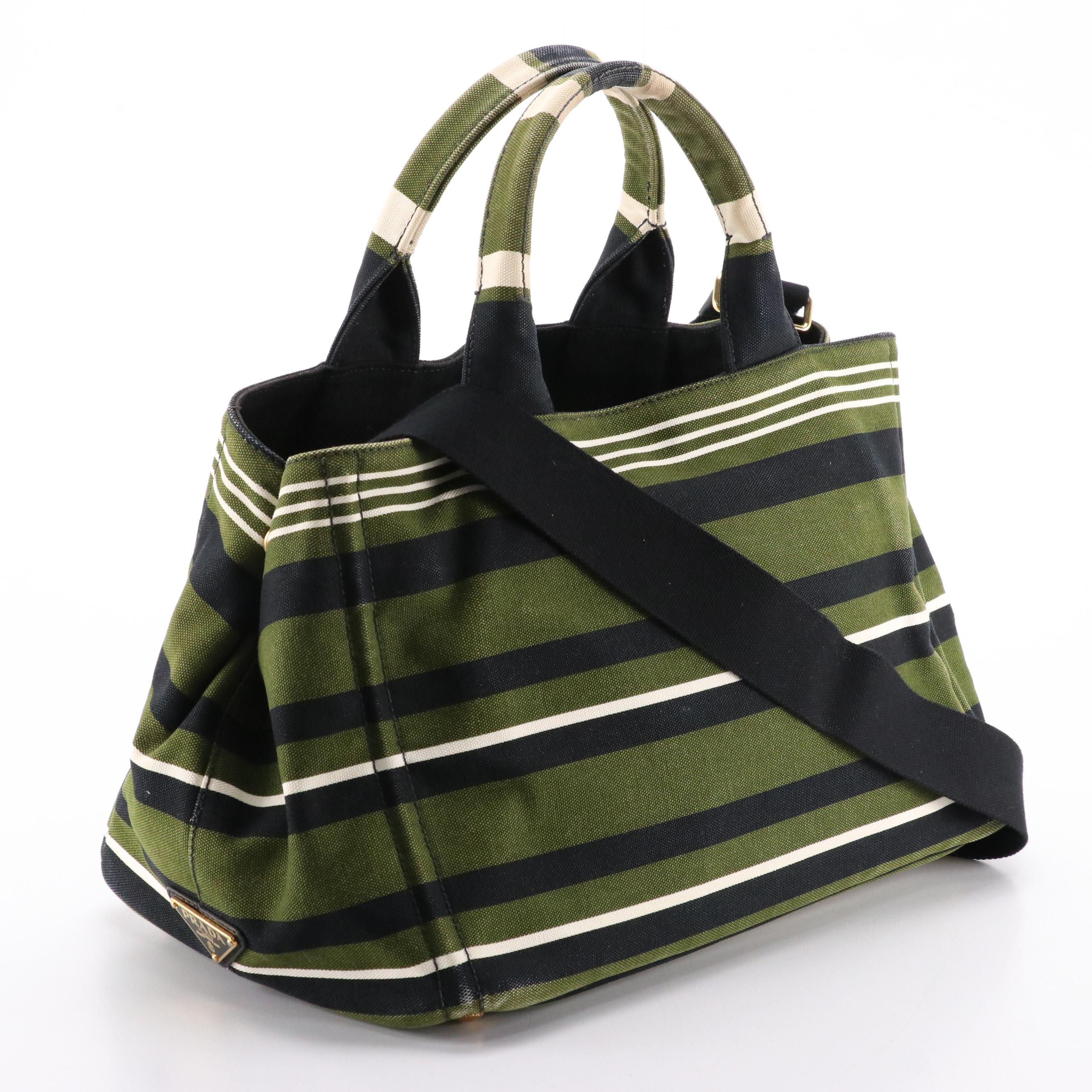 Prada Striped Canvas Two-Way Handbag with Detachable Crossbody Strap