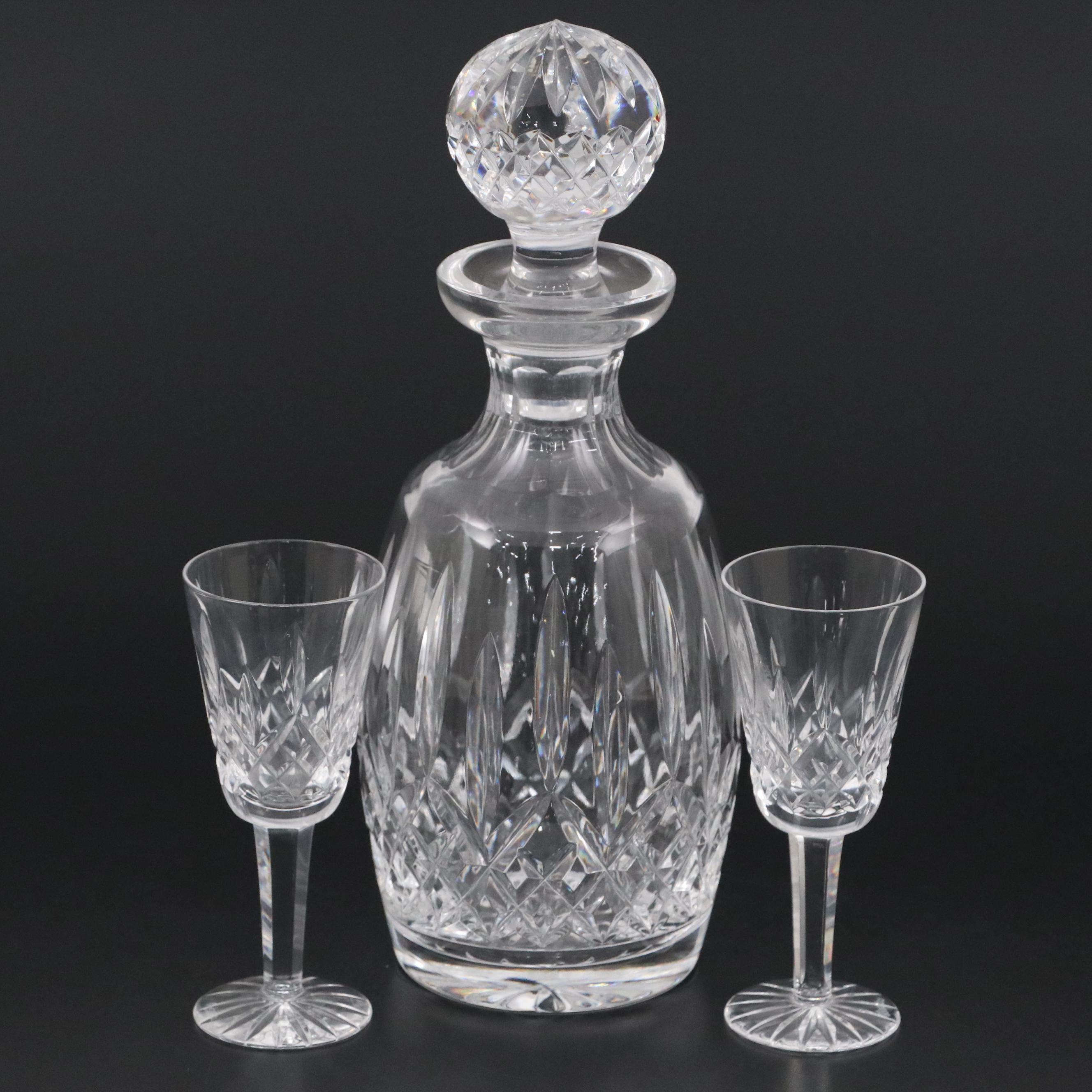 Waterford Crystal "Lismore" Decanter with Sherry Glasses, Mid/Late 20th Century
