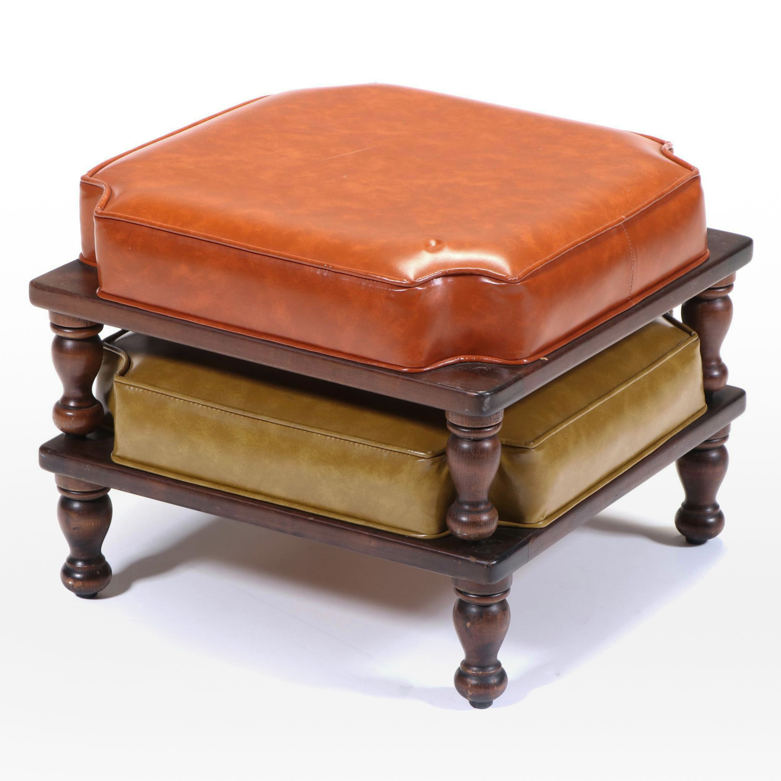 Two Ethan Allen Colonial Style Stained Wood and Vinyl Stacking Footstools