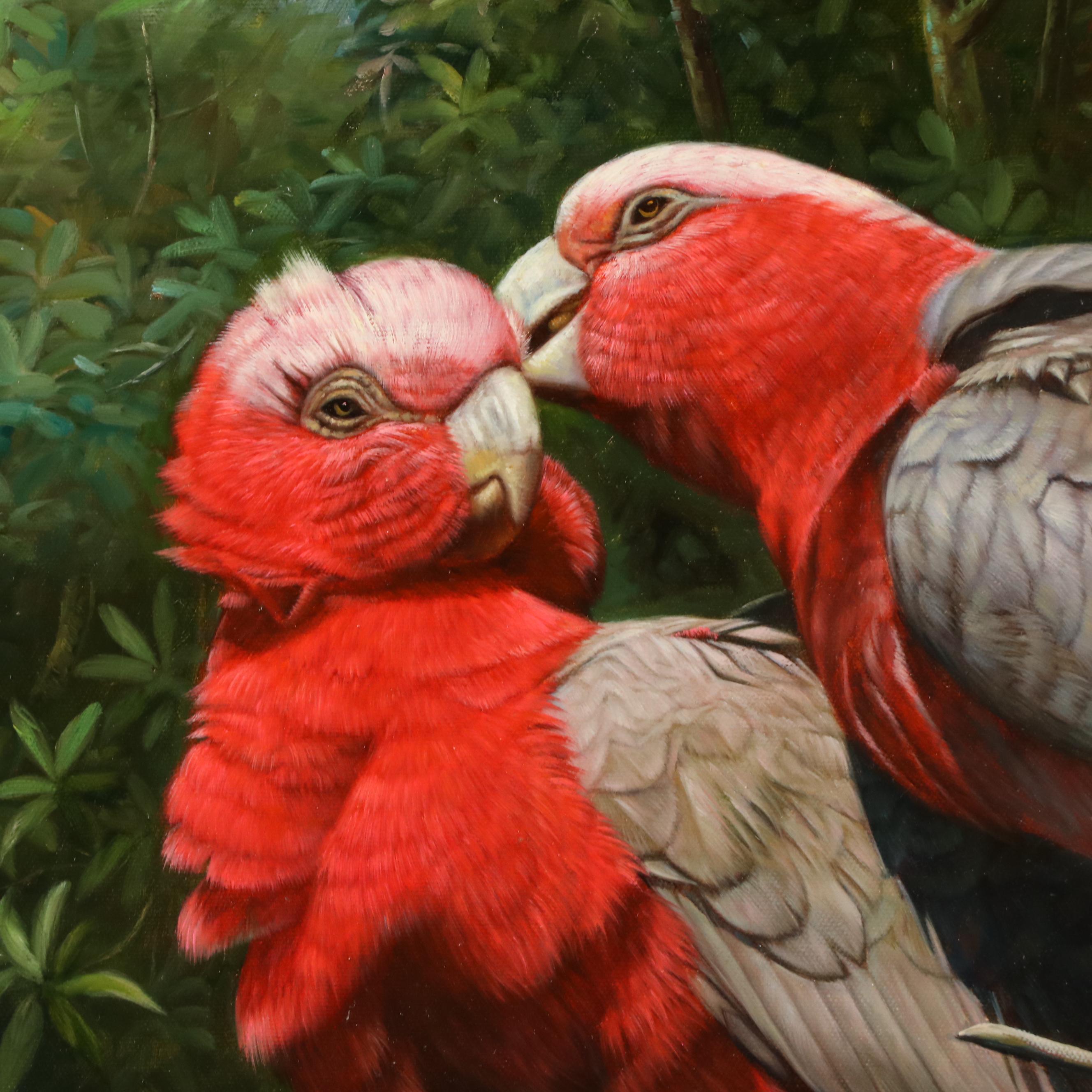 Ted Ward Oil Painting of Two Parrots on Tree Branch, 21st Century