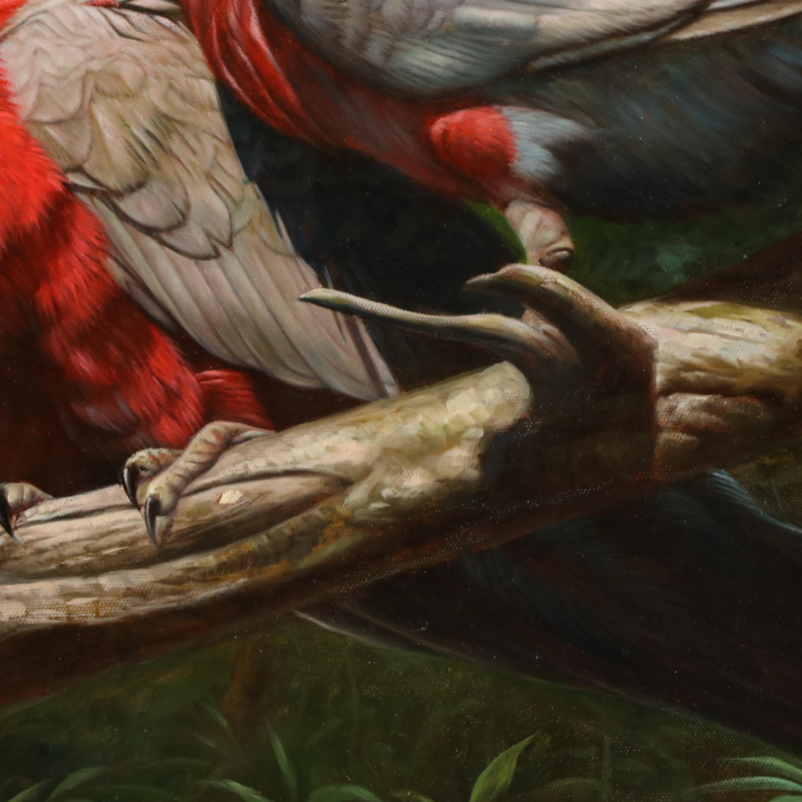 Ted Ward Oil Painting of Two Parrots on Tree Branch, 21st Century