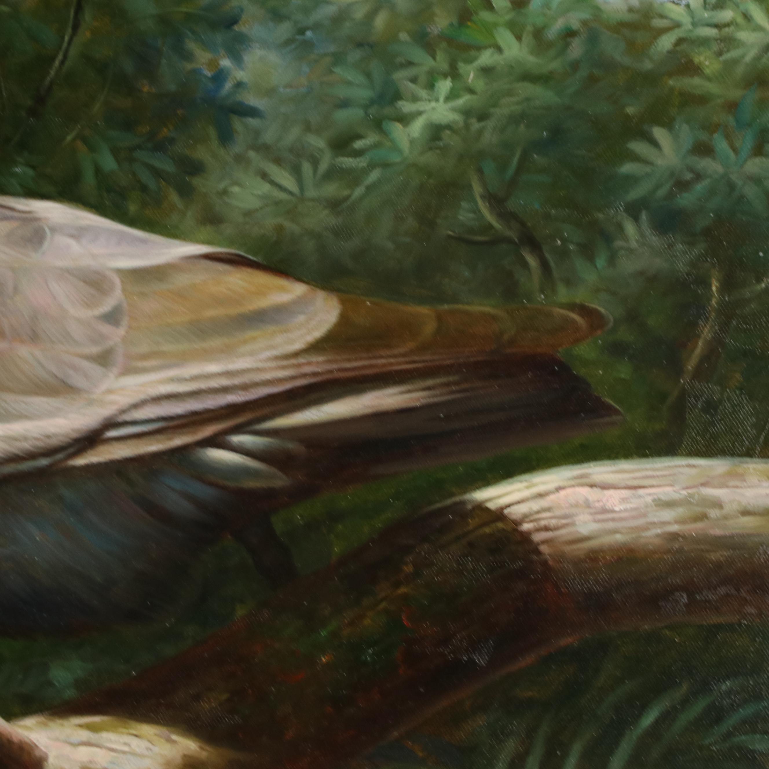 Ted Ward Oil Painting of Two Parrots on Tree Branch, 21st Century