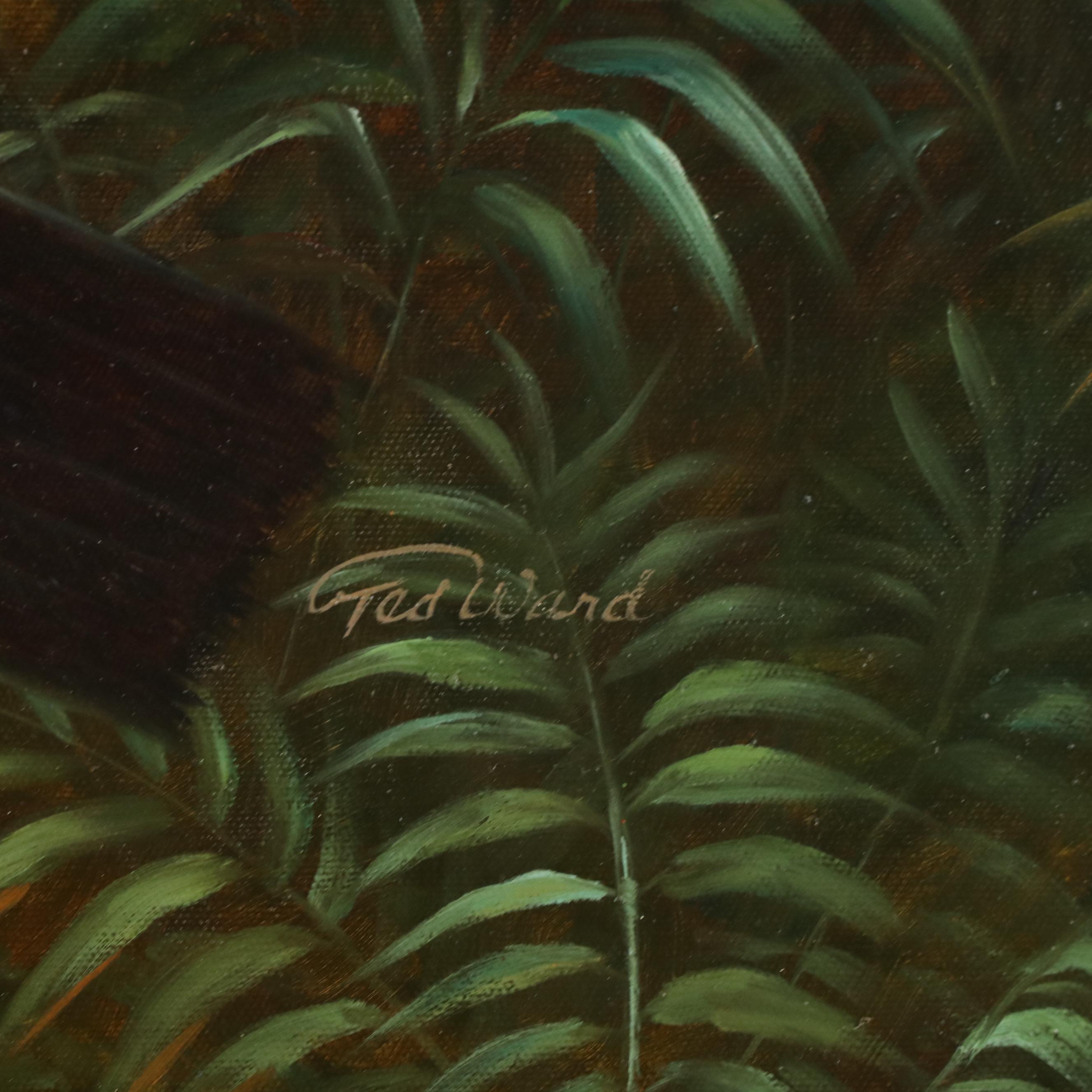 Ted Ward Oil Painting of Two Parrots on Tree Branch, 21st Century