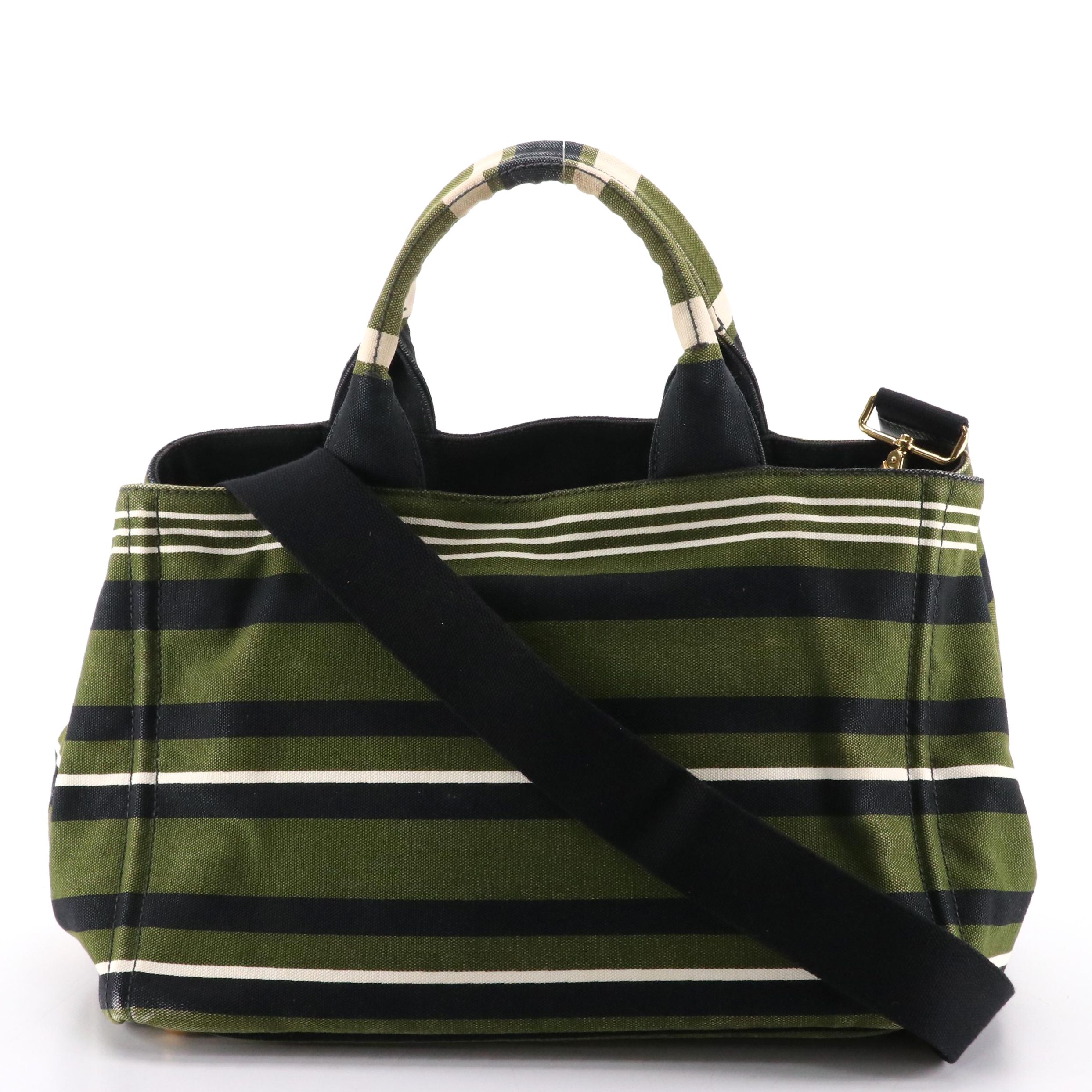 Prada Striped Canvas Two-Way Handbag with Detachable Crossbody Strap