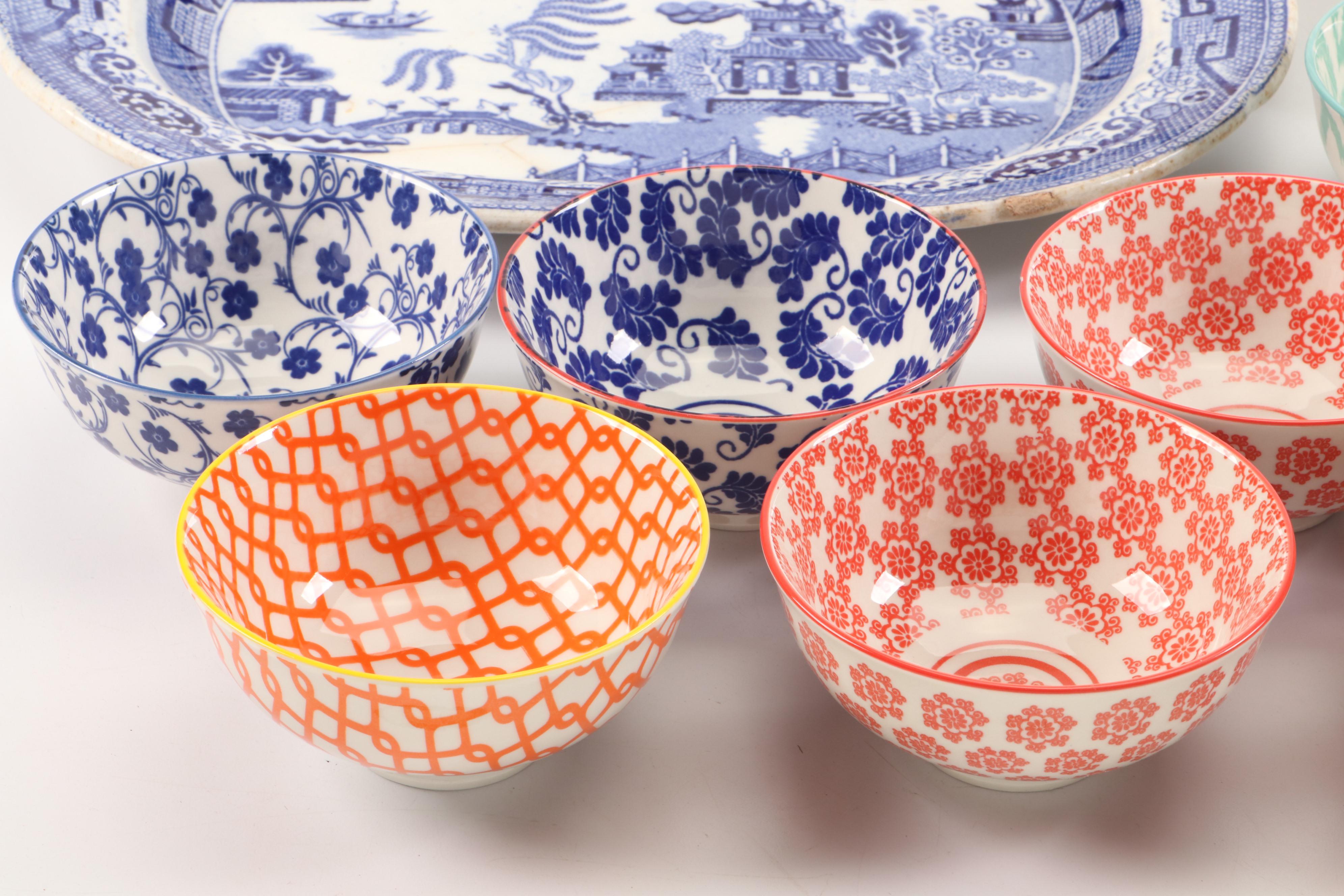 Staffordshire "Blue Willow" Platter with Cucina Tavolo Porcelain Bowls and More