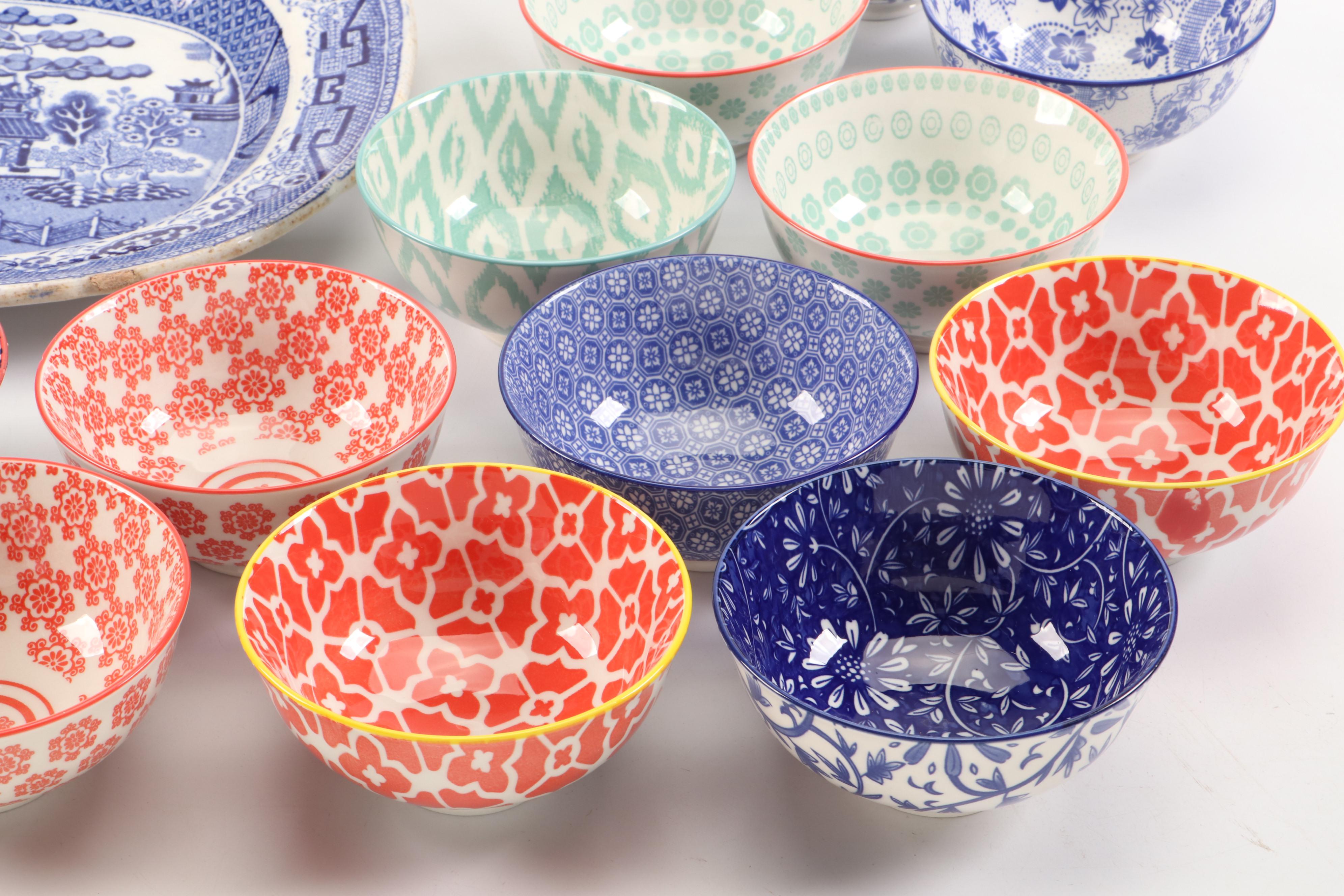 Staffordshire "Blue Willow" Platter with Cucina Tavolo Porcelain Bowls and More