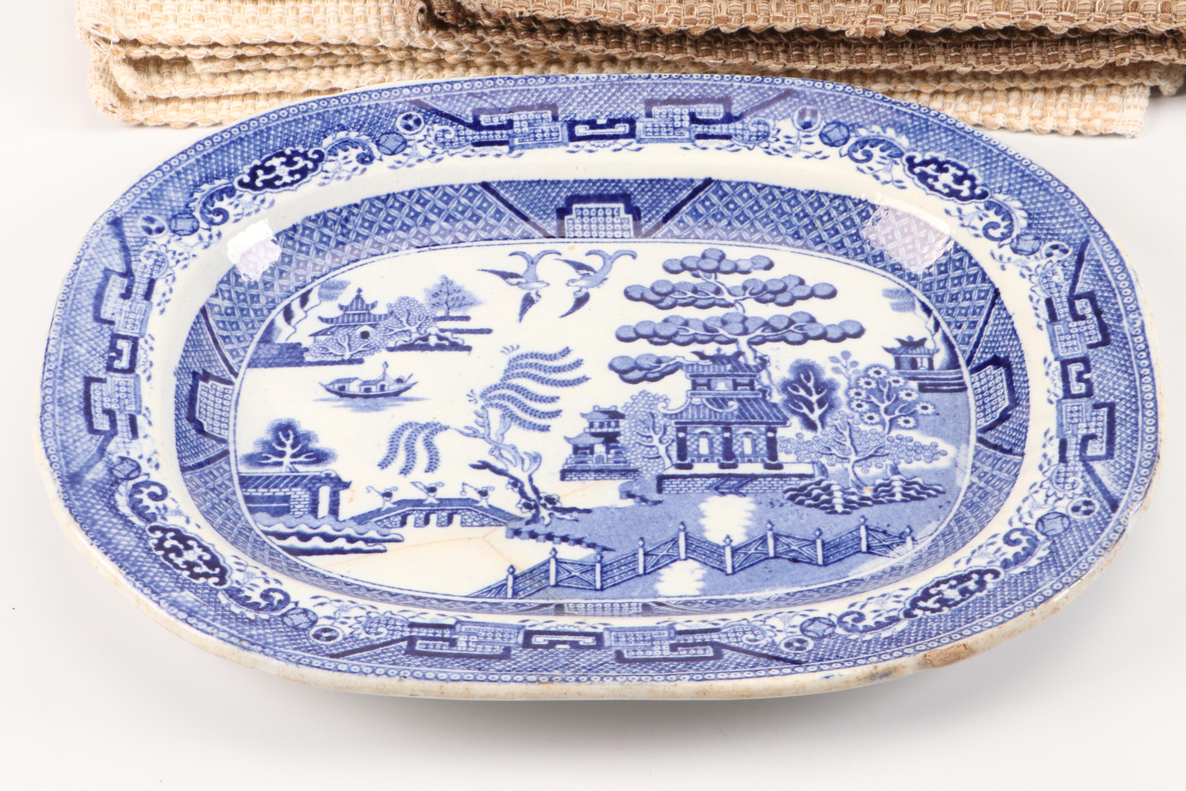 Staffordshire "Blue Willow" Platter with Cucina Tavolo Porcelain Bowls and More