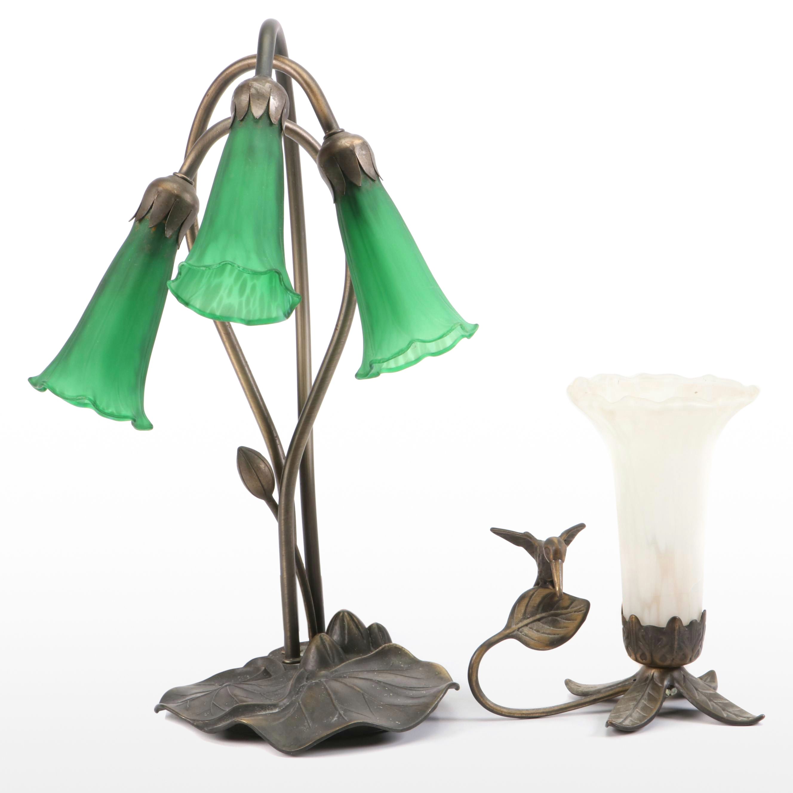 Brass Finish Waterlily Table Lamp with Trumpet Shades, Hummingbird Accent Light