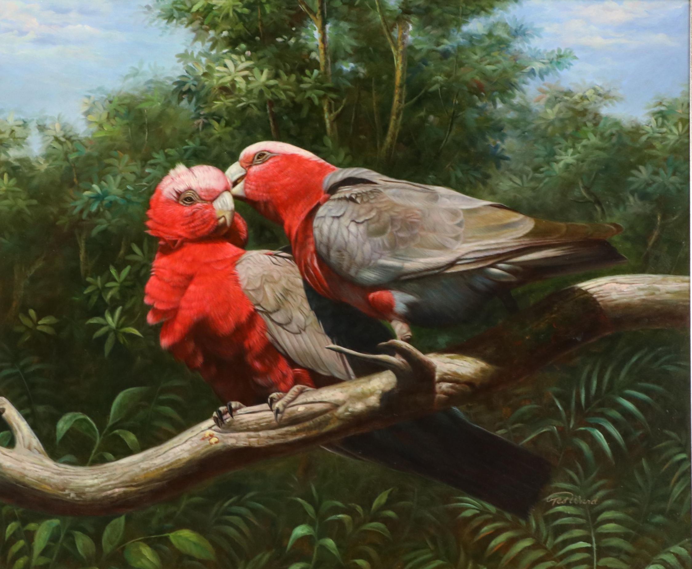 Ted Ward Oil Painting of Two Parrots on Tree Branch, 21st Century