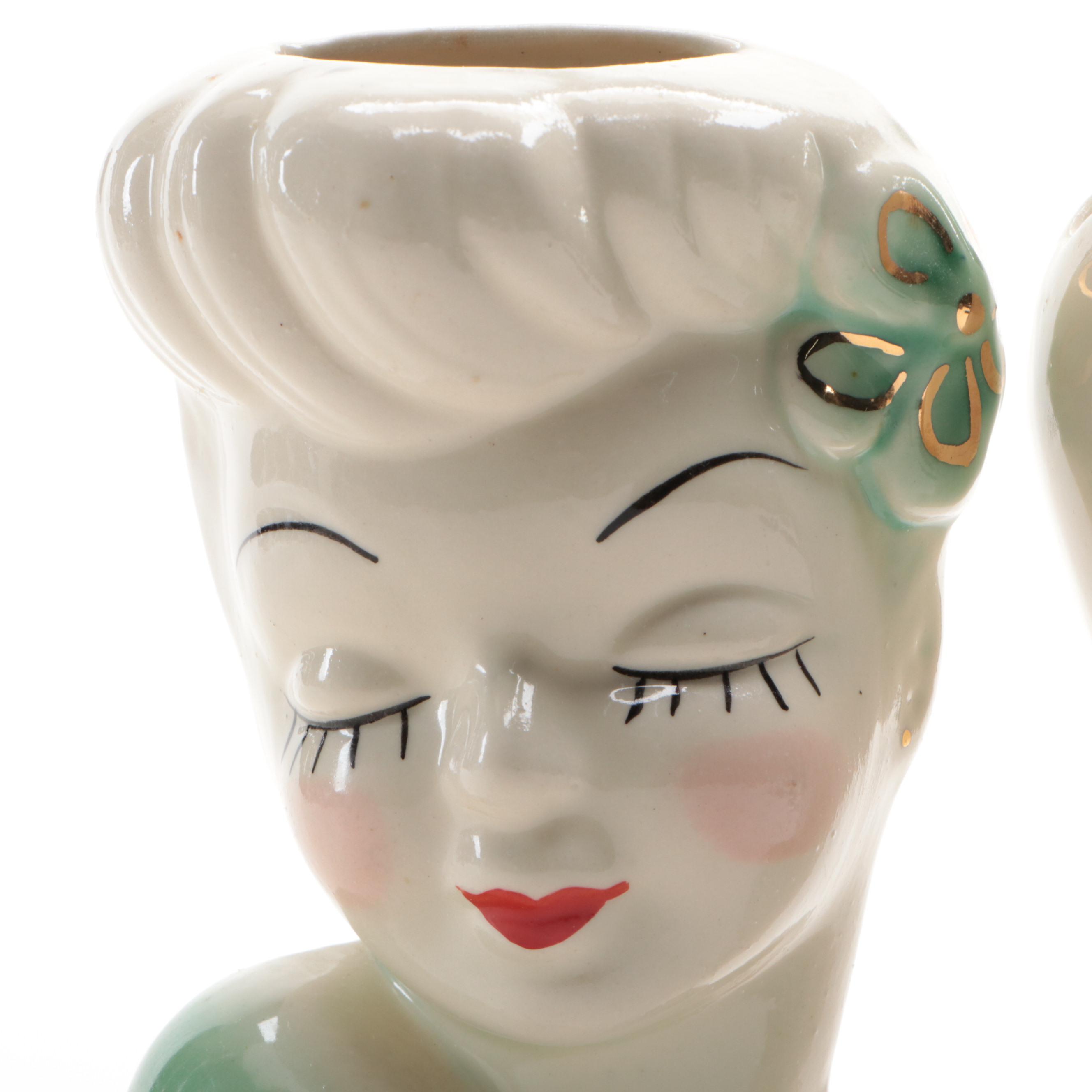 Ceramic Lady Head and Heart Wall Pockets, Mid-20th Century