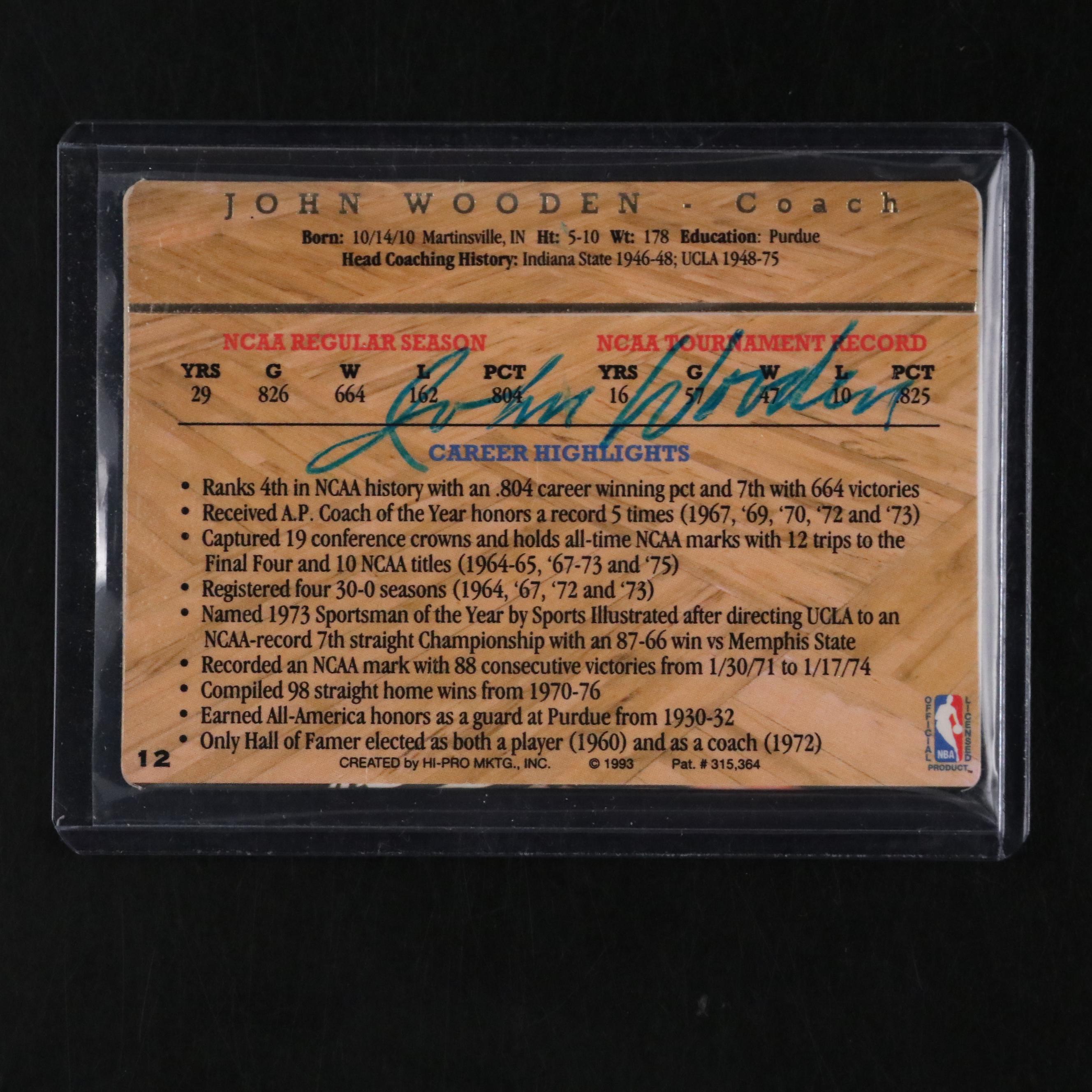 1993 Action Packed John Wooden HOF Signed Basketball Card