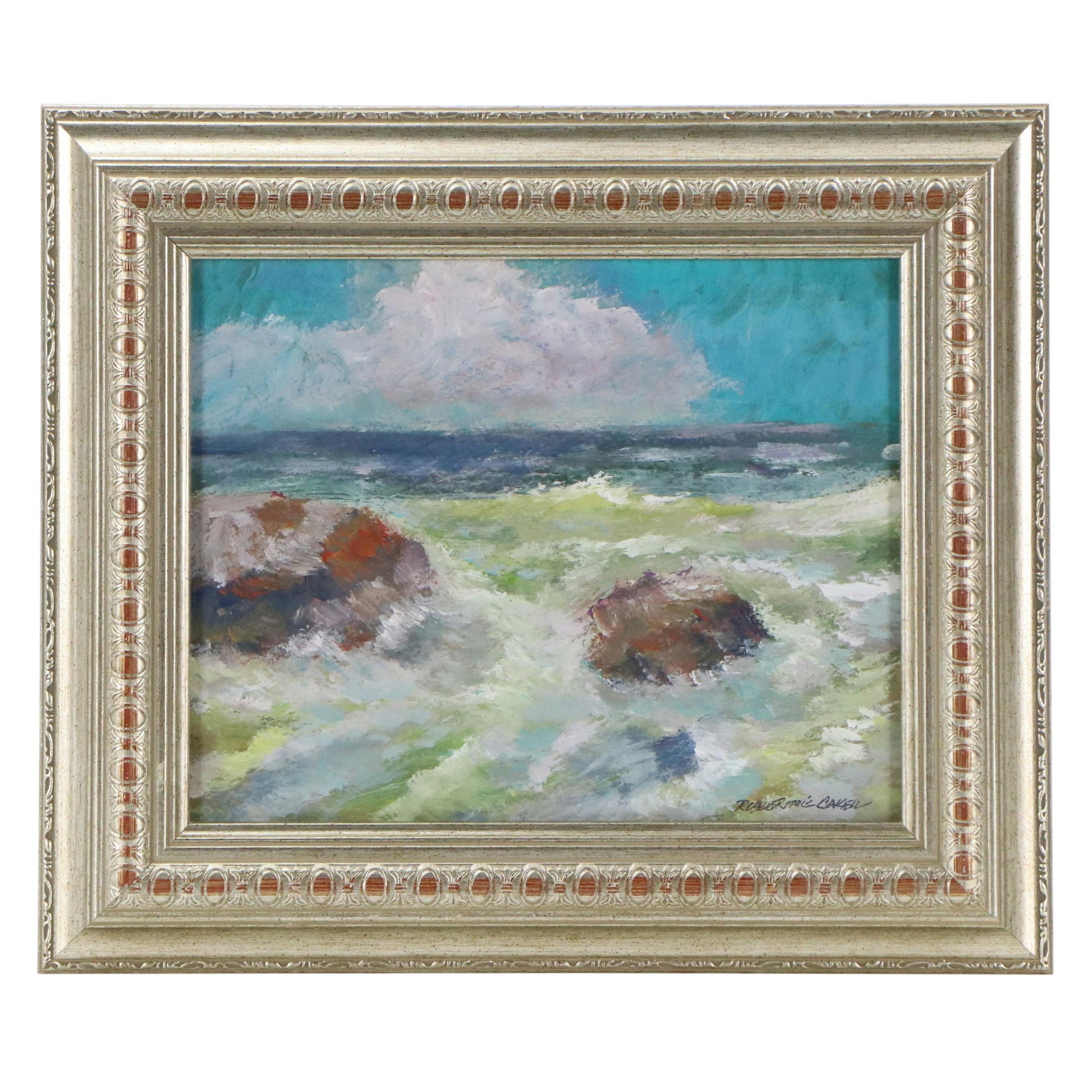 Robert Riddle-Baker Seascape Acrylic Painting "Sea Rocks," 2024