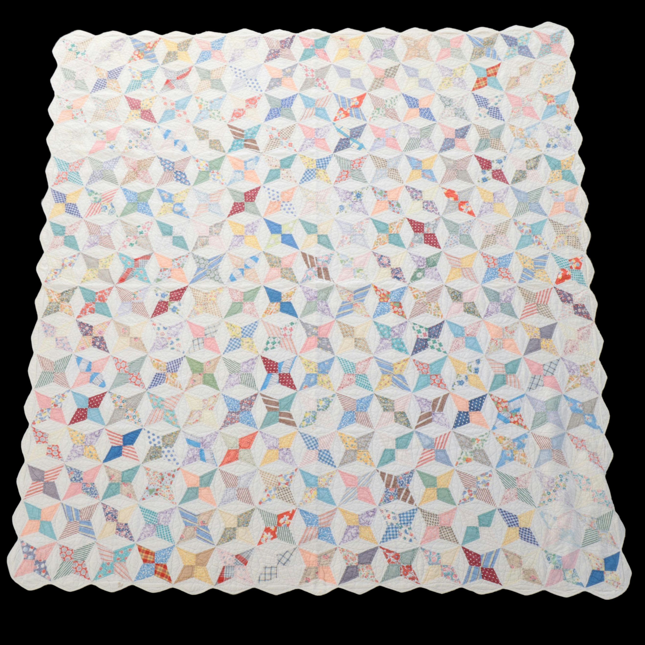 Handmade "Friendship Star" Patterned Cotton Quilt with Scalloped Edge