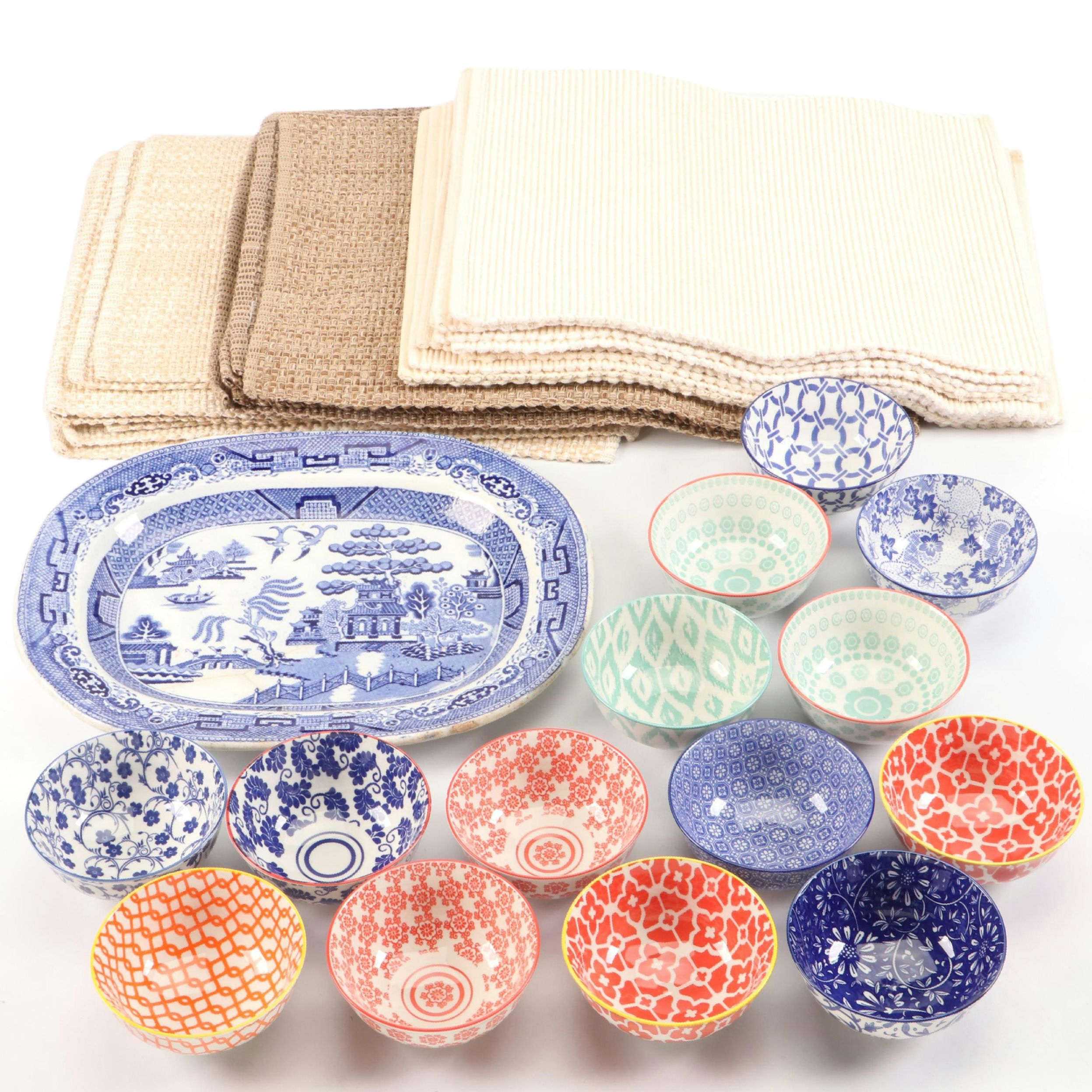 Staffordshire "Blue Willow" Platter with Cucina Tavolo Porcelain Bowls and More