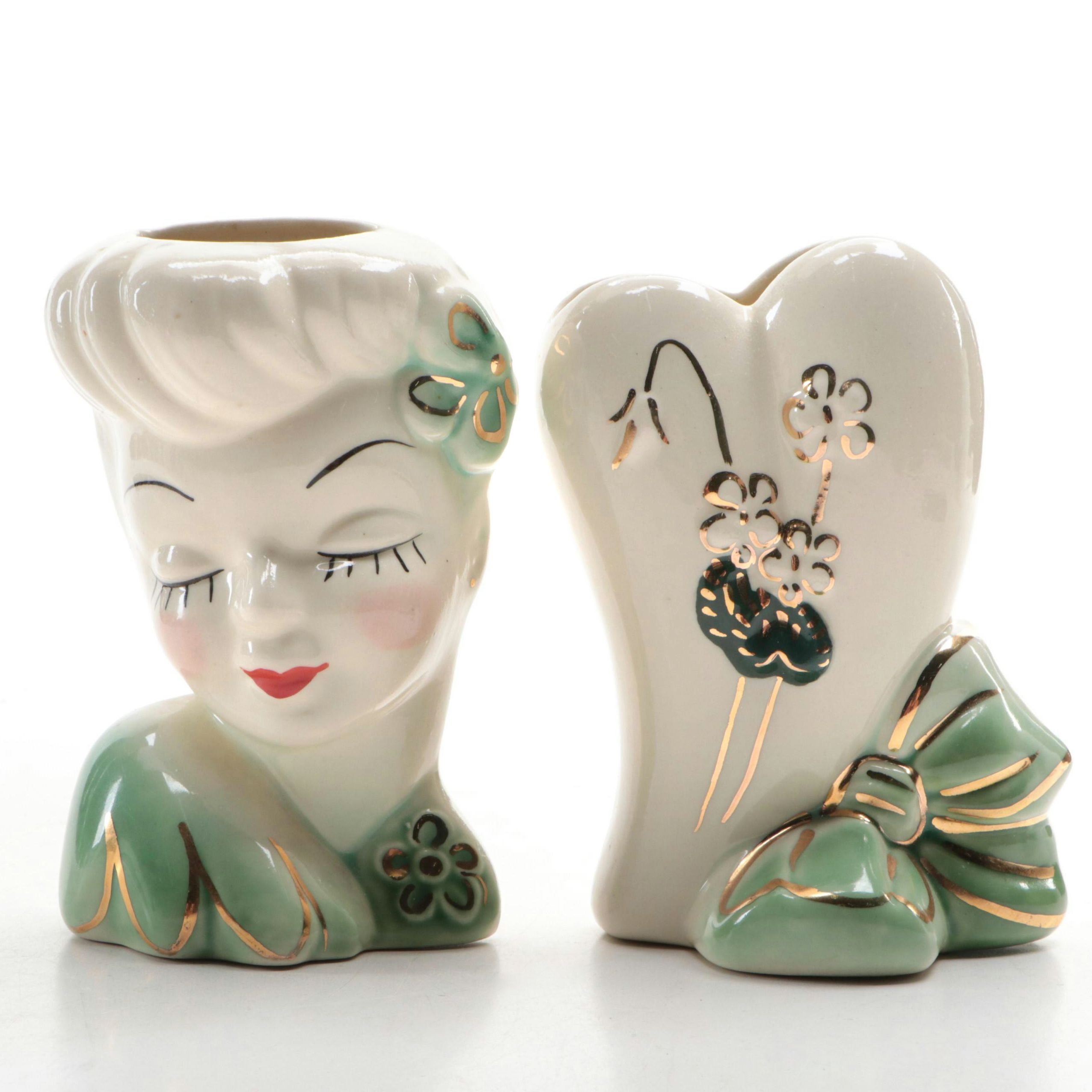 Ceramic Lady Head and Heart Wall Pockets, Mid-20th Century