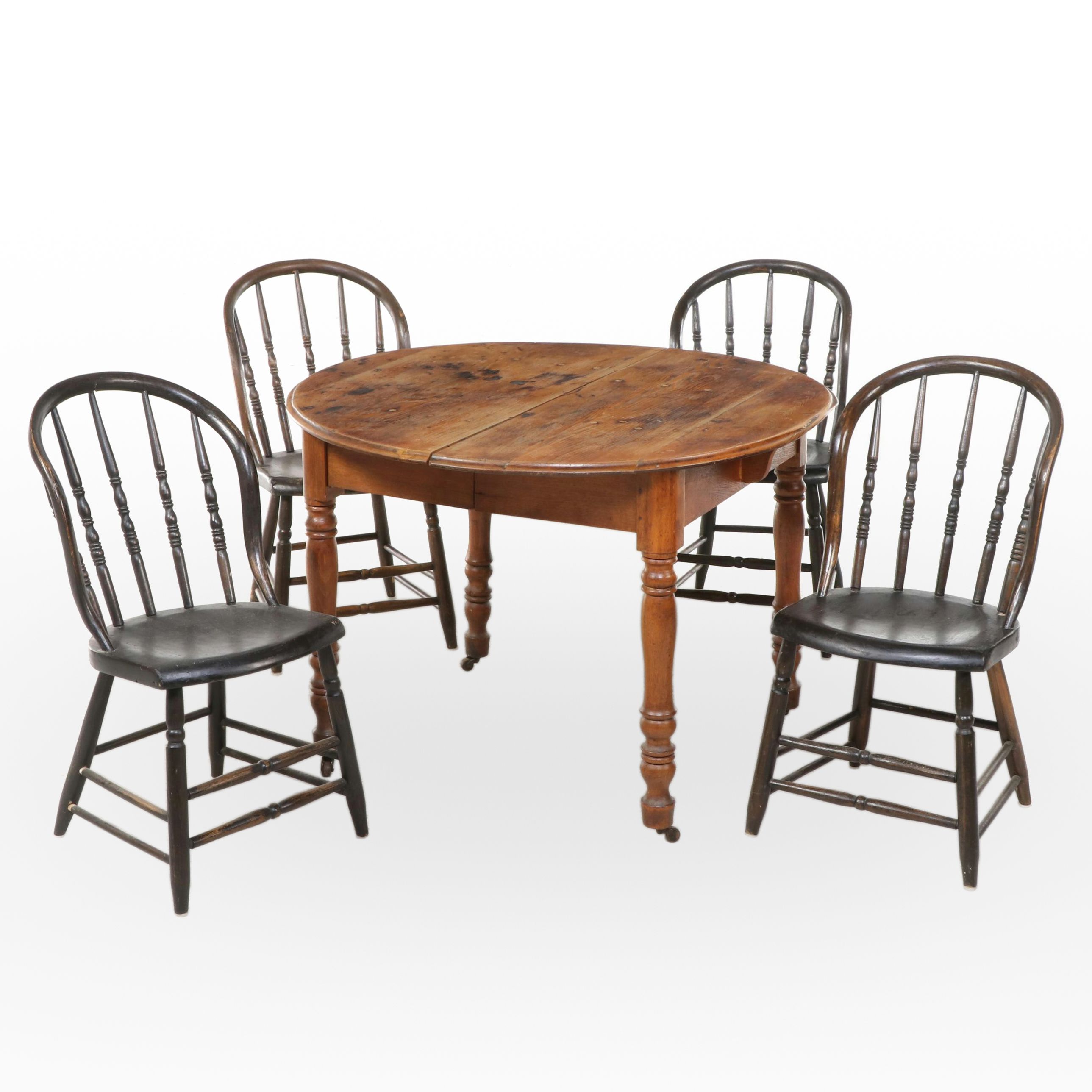 Five-Piece Dining Set with Windsor Style Bow-Back Spindle Chairs and Pine Table