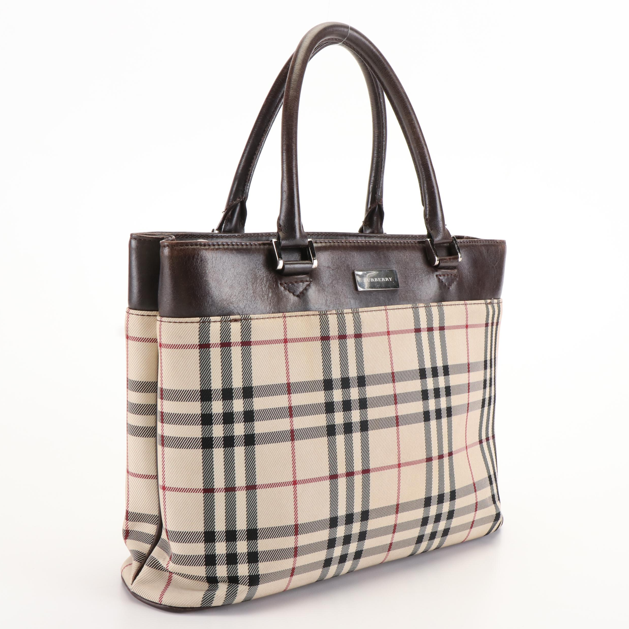 Burberry Leather Trimmed House Check Top Handle Bag